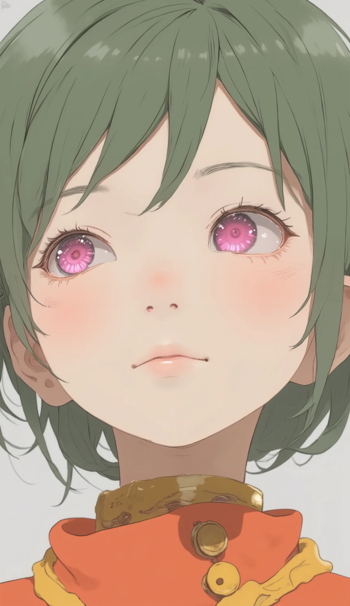 the young anime character looks up greatly, bright pink eyes with a circular pattern. his hair, its muted green color, tousled hair is slightly pointed, playful yet serious In contrast to the colorful facial features of the. The character's expression is full of curiosity, probably slightly perplexing, wrinkled eyebrows and small eyes suggest it, has abstract lines showing interest and concentration near his temples. he wears a brightly colored shirt with decorative buttons, and thin, gold band surrounds his neck, adding a touch of curiosity and elegance. Strong, grey background suggests it, This is simple、characters that contribute to facial expression. This image has a young々captures a dynamic atmosphere mixed with subtle tension, is framed with soft shadows that accentuate the character's expressive face.