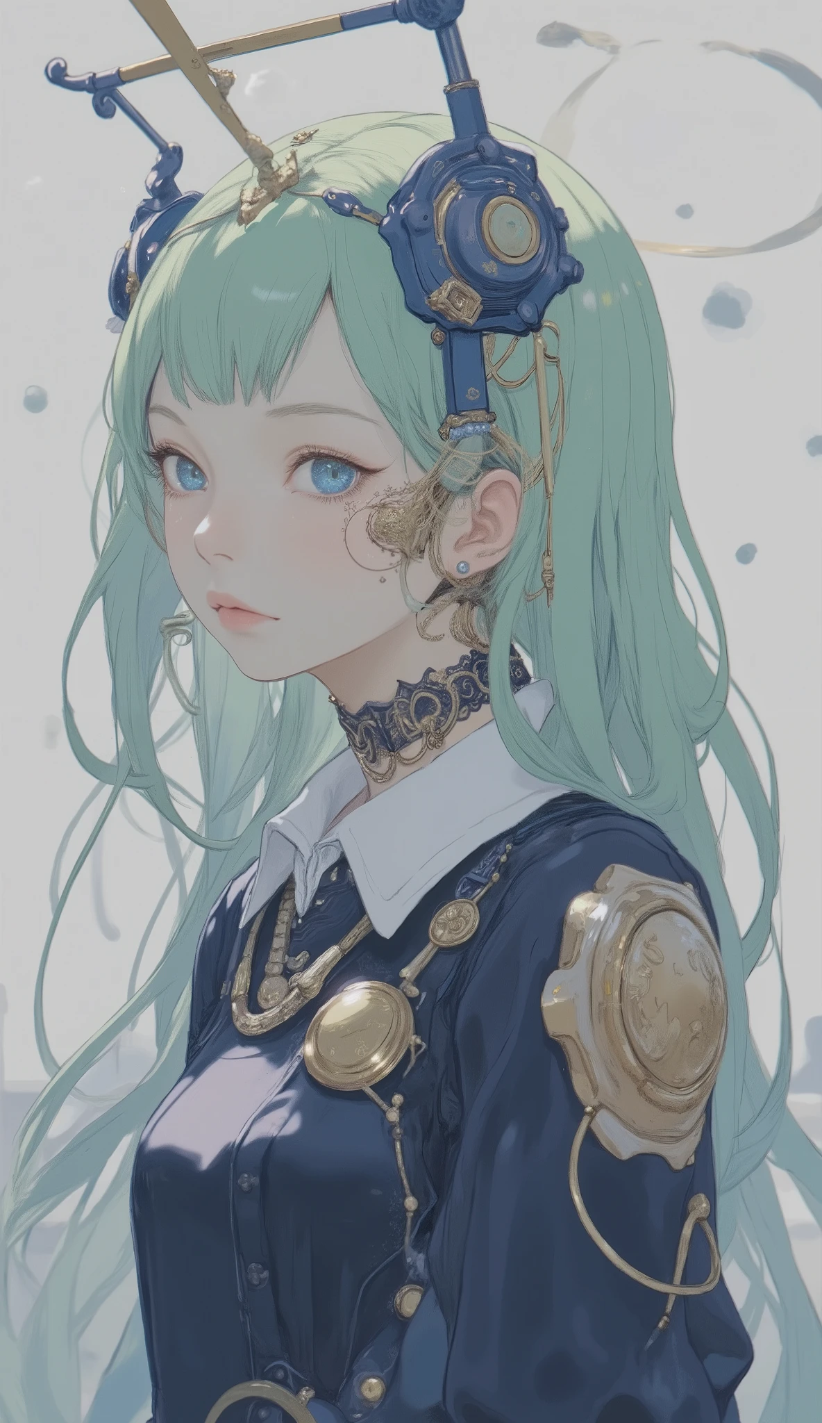 A vivid and visually appealing anime, darker and lighter hues that give depth and dimension to the composition. The hair is flowing smoothly, I have pastel green hair adorned with gold accessories {x} I have small hairs hidden under stylish blue and gold hair clips, enhances the character's unique appearance. enhances the character's unique style and design, style character is drawn and、ensemble. The, Adding elegance. The surrounding colors are calm, creates a contrast that emphasizes the rich colors of、The character has a white collar I'm wearing a dark blue outfit with, gold choker complements the hair accessories.