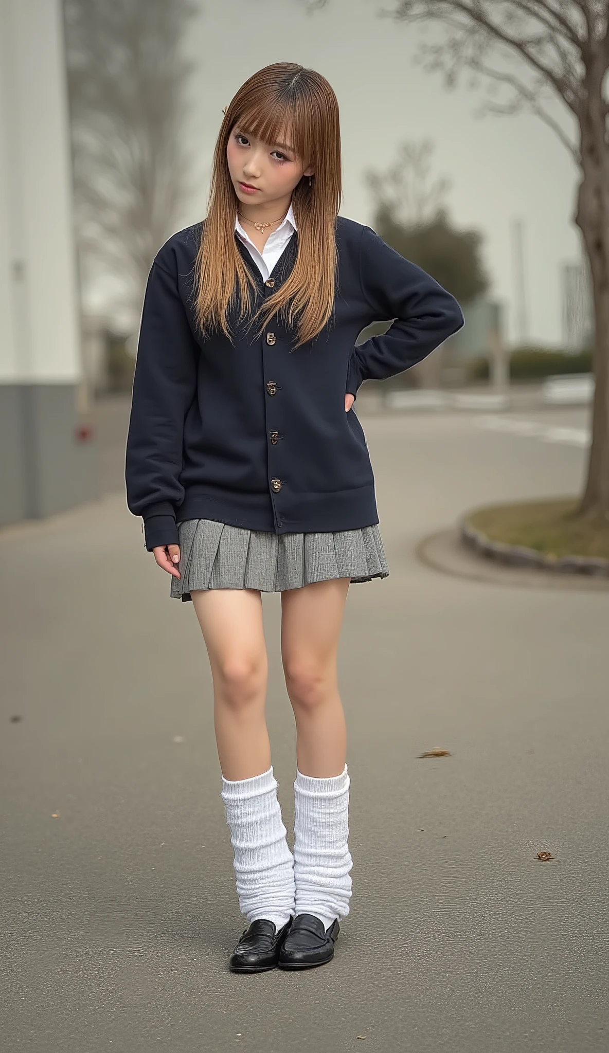 This is a picture of a girl taken with a vintage instant camera,Heisei_Kogyaru_Flux,wearing a sailor suit and tie,gray pleated skirt, loose socks,loafers,She has tanned skin、very shiny,partially blond hair、has heavy eye makeup,she poses like a model,顔にピースサインでhandを当てています,hand,