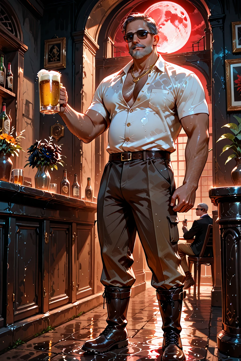 Middle-aged man, masculine face, light brown eyes, short wavy brown hair, drunken expression, with a mustache and no beard, muscular, very hairy body, huge hairy , large swollen , huge biceps, shiny oily skin. He is holding a beer mug in his right hand, wearing a wet white shirt, rectangular glasses, beige pants and brown shoes and standing in the living room.