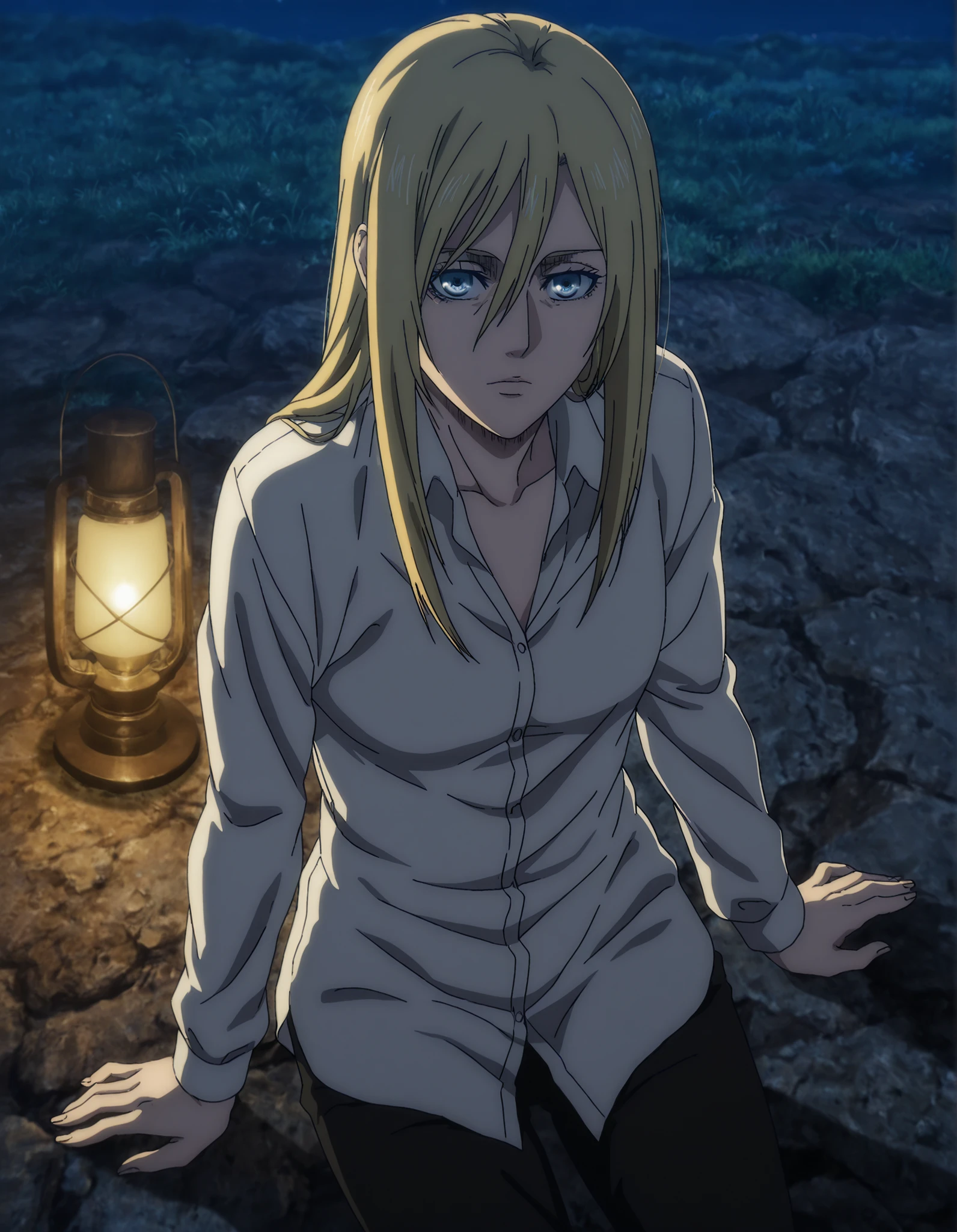 anime coloring, anime screencap, historia reiss, (aged up:1.5) ,1girl, solo, long hair, blond hair, (hair down),(very long sidelocks) ,looking at viewer, light blue eyes, black pants, white dress shirt ,yokozuwari, ,(flat chest), outdoors, ,(, night),lamp, masterpiece, best quality, highres, very aesthetic, very awa, newest, amazing details, intricate details, ultra detailed, from above, ,