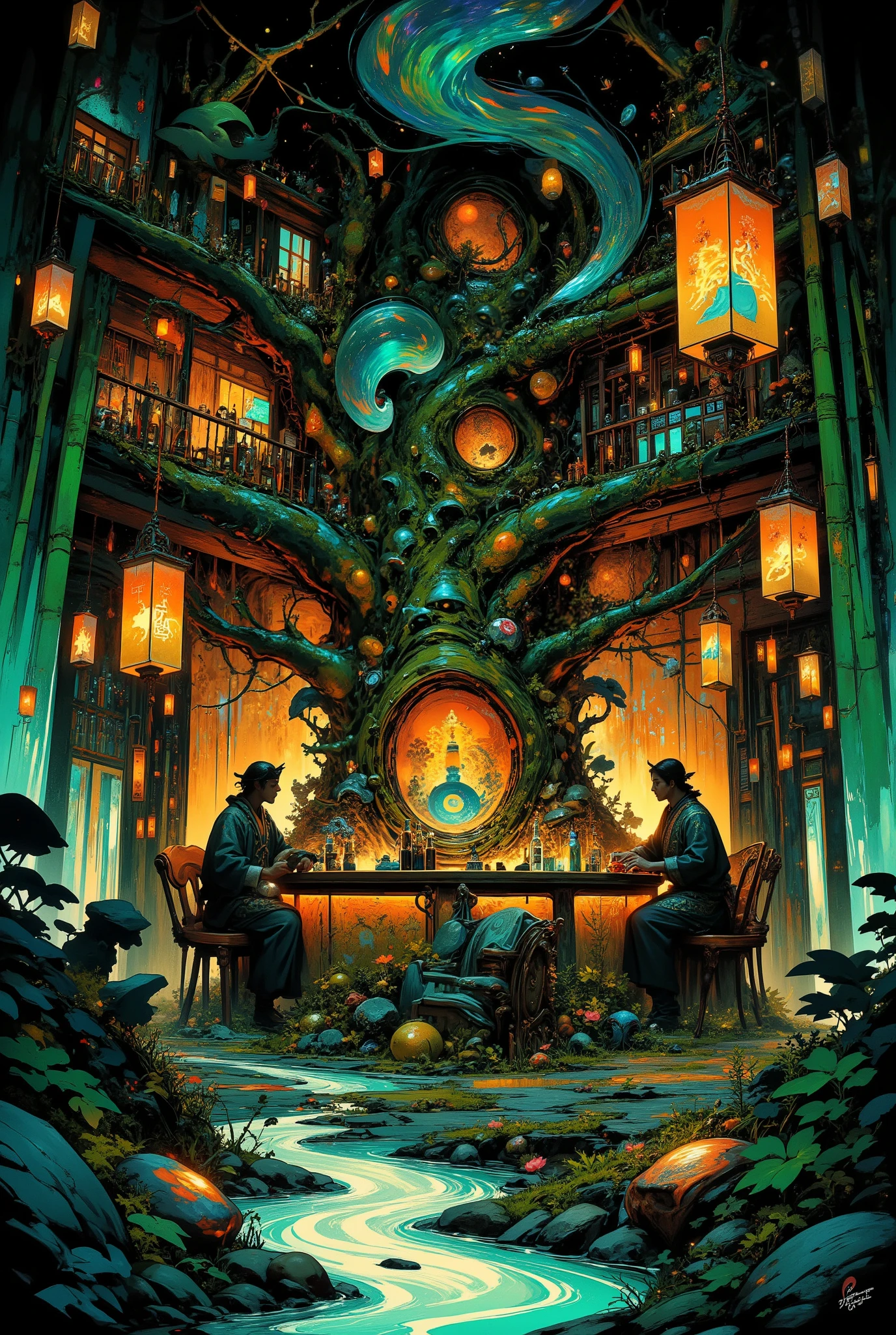 A cinematic, highly detailed wide shot of a hidden "Elf Izakaya" called "The Moon's Whisper" nestled in an ancient, misty bamboo forest at night. Warm light glows from paper lanterns illuminating the interior where walls are made of living tree roots intertwined with glowing mushrooms and silver ferns. The bar is a hollowed-out cherry tree from which flows a stream of iridescent, pearlescent "soul-healing sake," served in floating sakura petal cups. An elf chef with constellation-embroidered haori cuts ingredients with a blade of light, while a mischievous elf hostess with a kitsune spirit on her shoulder mixes cocktails that release miniature auroras. Elf patrons relax on moss cushions. Show their playful pranks in action: one guest's chopsticks have animated into dueling wooden snakes, a rainbow bubble with a dancing spirit emerges from another's cup, and a plate of food briefly forms a funny face. Style: a blend of Studio Ghibli and fantasy concept art, dynamic composition, rich colors of emerald, sapphire, gold, and amber. --ar 16:9 --v 6.0 --style raw