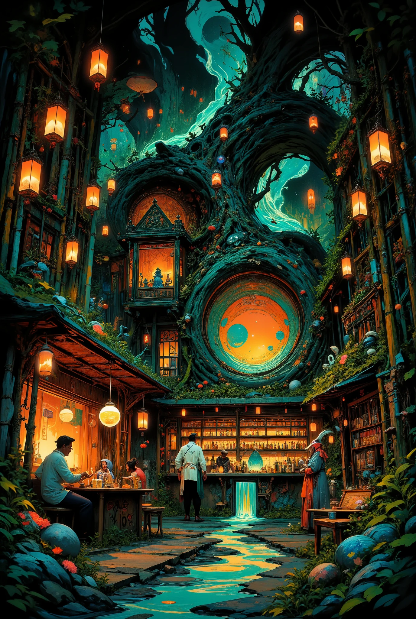 A cinematic, highly detailed wide shot of a hidden "Elf Izakaya" called "The Moon's Whisper" nestled in an ancient, misty bamboo forest at night. Warm light glows from paper lanterns illuminating the interior where walls are made of living tree roots intertwined with glowing mushrooms and silver ferns. The bar is a hollowed-out cherry tree from which flows a stream of iridescent, pearlescent "soul-healing sake," served in floating sakura petal cups. An elf chef with constellation-embroidered haori cuts ingredients with a blade of light, while a mischievous elf hostess with a kitsune spirit on her shoulder mixes cocktails that release miniature auroras. Elf patrons relax on moss cushions. Show their playful pranks in action: one guest's chopsticks have animated into dueling wooden snakes, a rainbow bubble with a dancing spirit emerges from another's cup, and a plate of food briefly forms a funny face. Style: a blend of Studio Ghibli and fantasy concept art, dynamic composition, rich colors of emerald, sapphire, gold, and amber. --ar 16:9 --v 6.0 --style raw