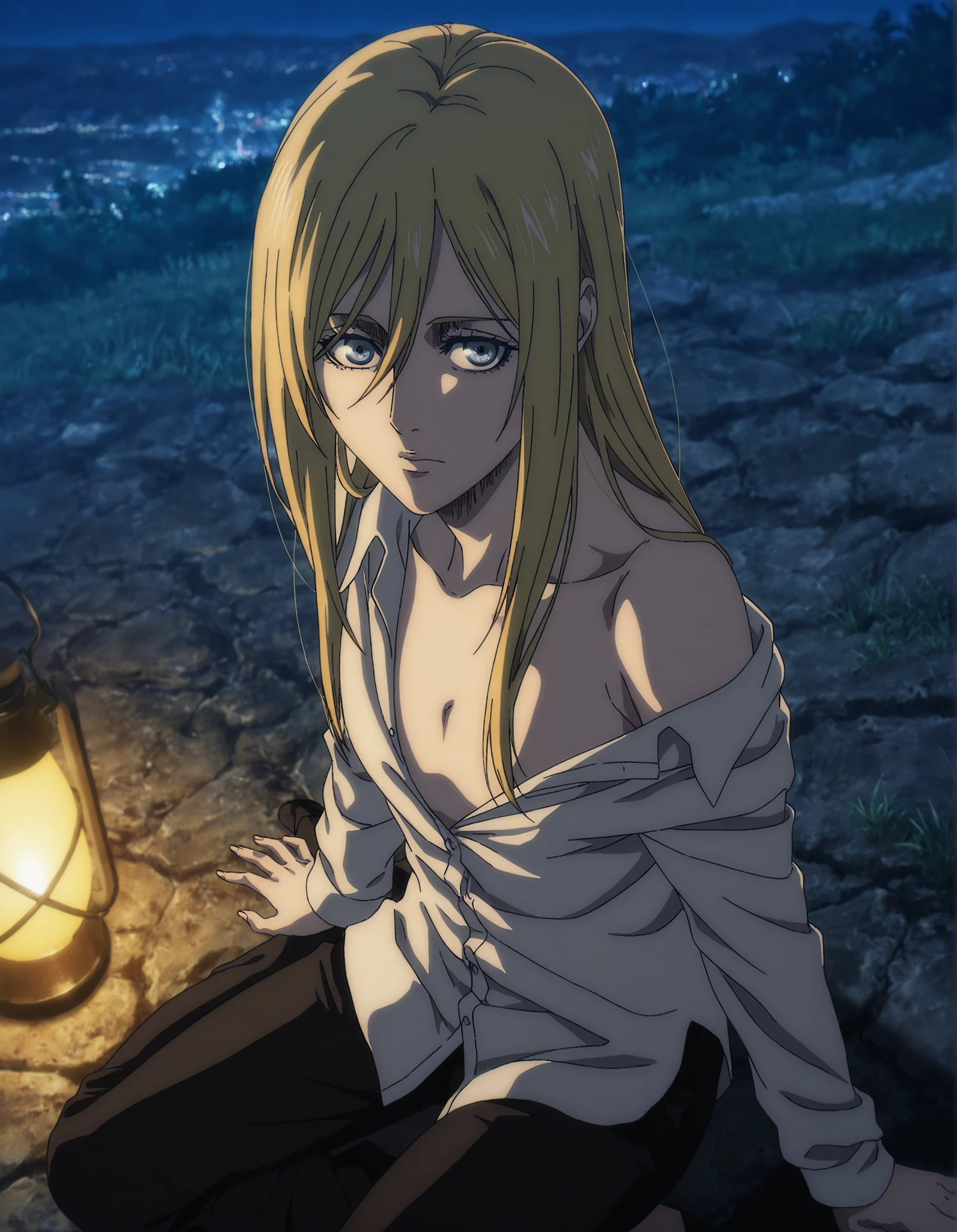 anime coloring, anime screencap, historia reiss, (aged up:1.5) ,1girl, solo, long hair, blond hair, (hair down),(very long sidelocks) ,looking at viewer, light blue eyes, black pants, off shoulder, white dress shirt ,yokozuwari, ,(flat ), outdoors, ,(, night),lamp, masterpiece, best quality, highres, very aesthetic, very awa, newest, amazing details, intricate details, ultra detailed, from above, ,