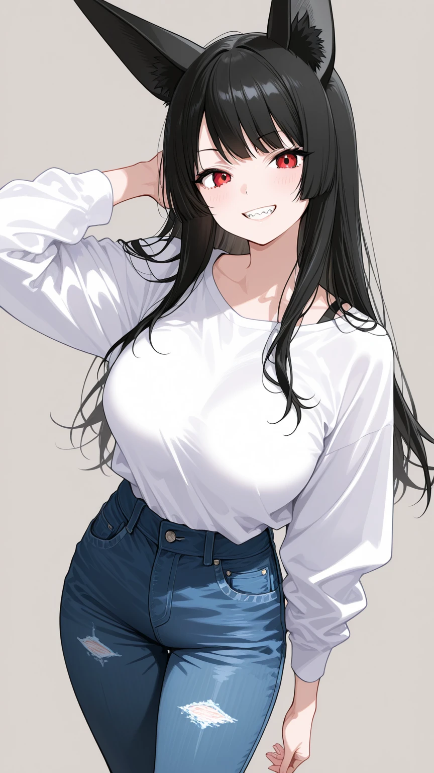 Masterpiece, of the highest quality, High resolution, junkotvv, ((casual clothing with jeans and short sleeve t-shirt 90° style))
cowboy shot, front view,
Attractive mature McDonald's cashier cleavage, mcdonalds, edge lighting, 
1 girl, alone, long black hair, red eyes, , cat ears looking at viewer,  
beautiful face, Beautiful and detailed red eyes., beautiful body, Beautiful , Beautiful thighs,