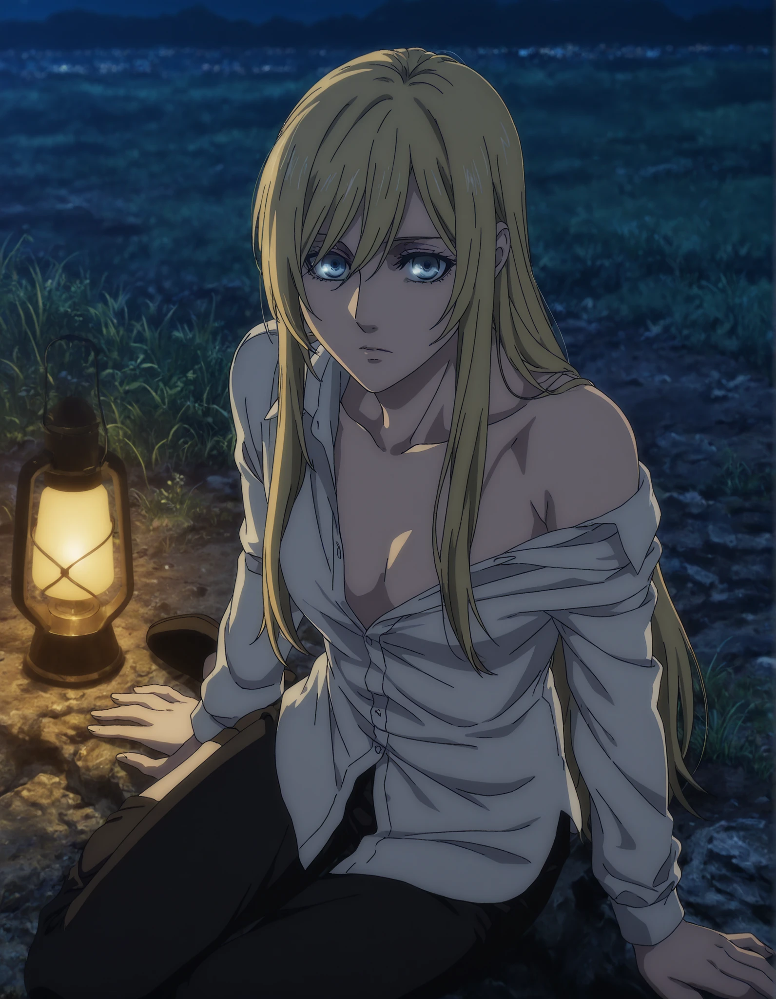 anime coloring, anime screencap, ((tall girl:1.5)), (aged up:1.5) ,1girl, solo, long hair, blond hair, (hair down),(very long sidelocks) ,looking at viewer, light blue eyes, black pants, off shoulder, white dress shirt ,yokozuwari, ,(flat ), outdoors, ,(, night),lamp, masterpiece, best quality, highres, very aesthetic, very awa, newest, amazing details, intricate details, ultra detailed, from above, ,