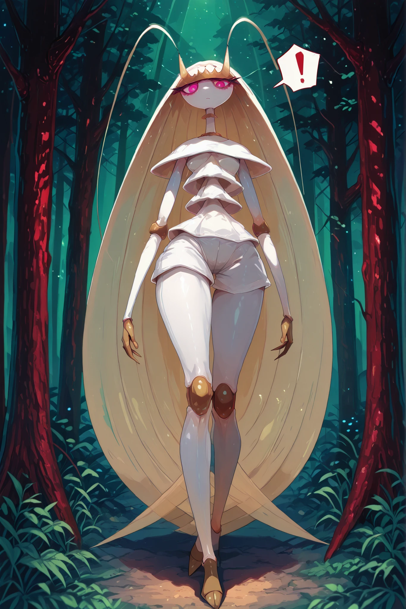 ((Pheromosa from Pokemon)), White Body, misty forest Background,Wide Hips, Thin Waist, Very Thin Waist, ((Wasp Waist)), Solo, vibrant colors, cel shading, Simplistic Art Style, solo, (red single exclamation mark:1.5),((glowing red eyes:1.4)),(oyabun),look at viewer,full body
,