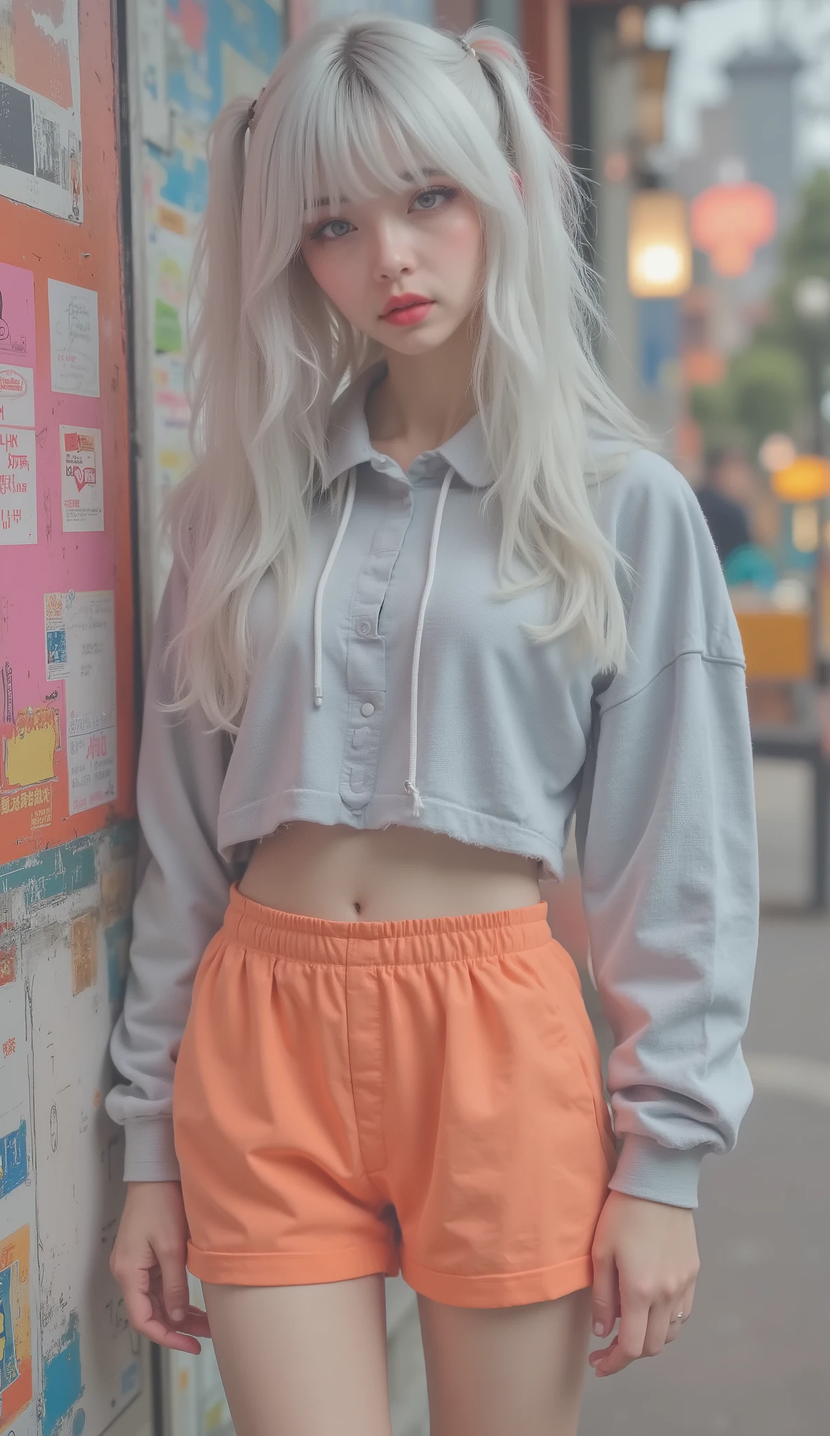 with a silver buckle A solid color with details, light background, stylish , Casual Clothes. 髪teeth比較的短く、just above the shoulder. ジャケットにteeth太い, 全体的な見た目teethリラックスしていて楽にかっこいい. ジャケットteethやや大きめ, with long sleeves that have elastic cuffs, and、Large side pockets with elastic cuffs. This one is also wearing bright orange shorts, with a light gray hood with a smooth texture Jacket. has a white string and button snap closure on the front. has a thick drawstring hood, 。emphasizes material and color without casting strong shadows {x}Combines practicality and boldness due to the choice of color of the shorts. Uniform lighting, teeth、The contrast with the jacket's muted color is remarkable.