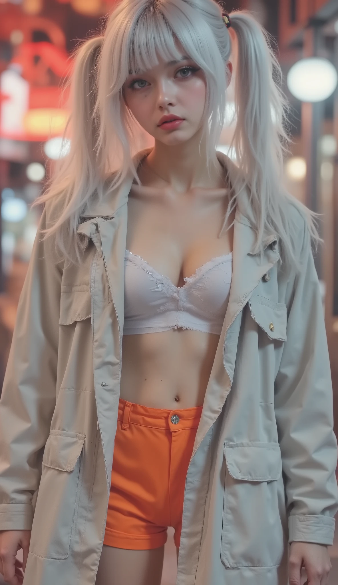 a woman wearing a grey jacket and orange shorts, grey jacket, jacket, she's wearing a wet coat, short jacket, model wears a puffer jacket, for me today 、tomorrow is for you, hooded, A girl wearing a raincoat, trench coat with many pockets, 200 fashion, wearing jacket, future inflatable jacket, jacket over bare torso, light gray