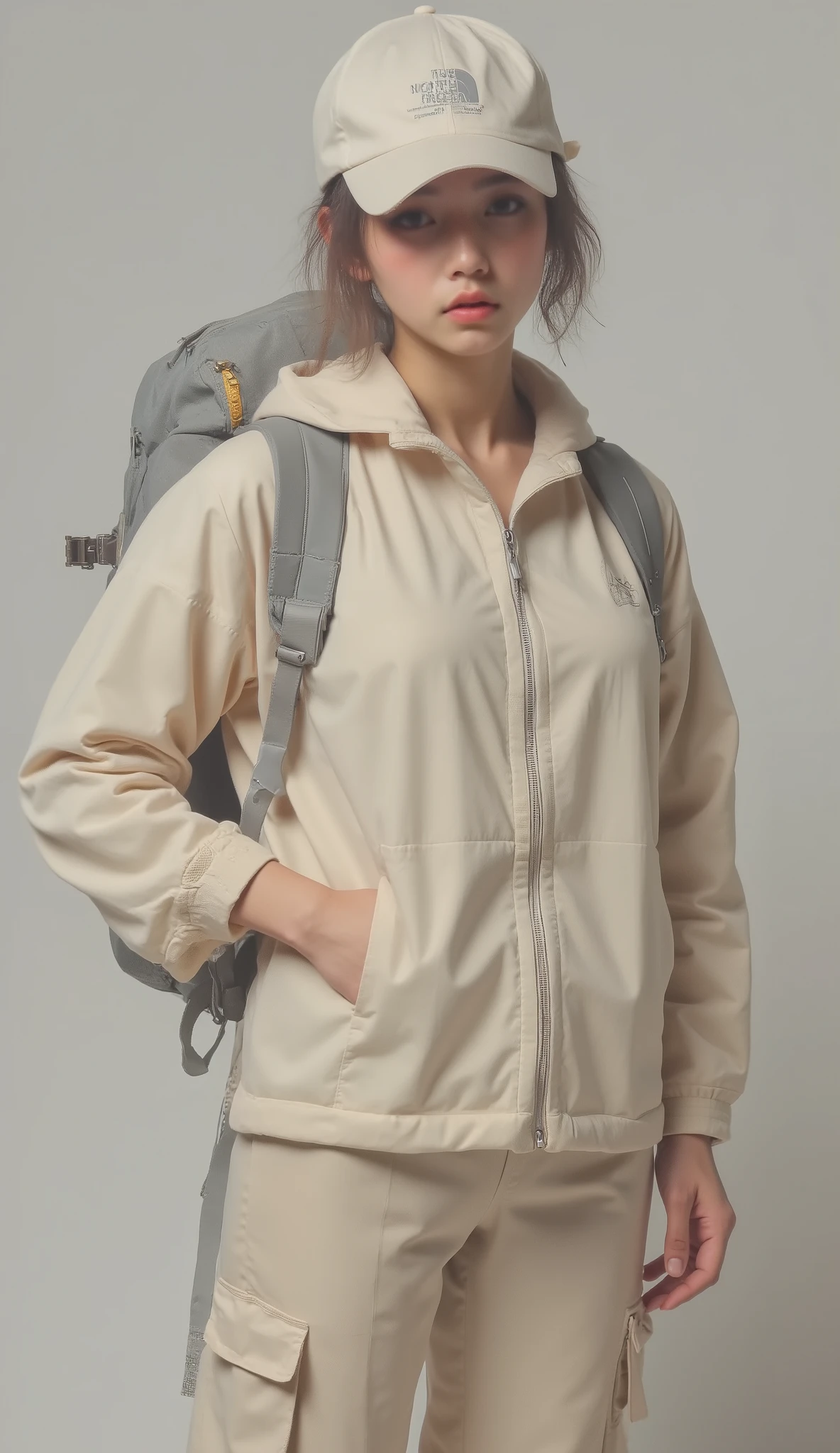 includes a loose beige jacket from The North Face brand、person wearing a stylish and practical outdoor ensemble, has a large front pocket, Has a zipper in the center, The hood has an adjustable drawcord. adjustable near the hem Pair it with beige cargo style pants that have elements, has a functional design. on top of his jacket, carrying a gray backpack with support straps on the shoulder, has an adjustable drawcord. Also wear a beige baseball cap with The North Face logo on it, has a coordinated brand look. The background is plain, a neutral colored background emphasizes clothing design and functionality. The overall impression is、is urban chic with an emphasis on comfort and practicality, Perfect for outdoor adventures and casual city walks.