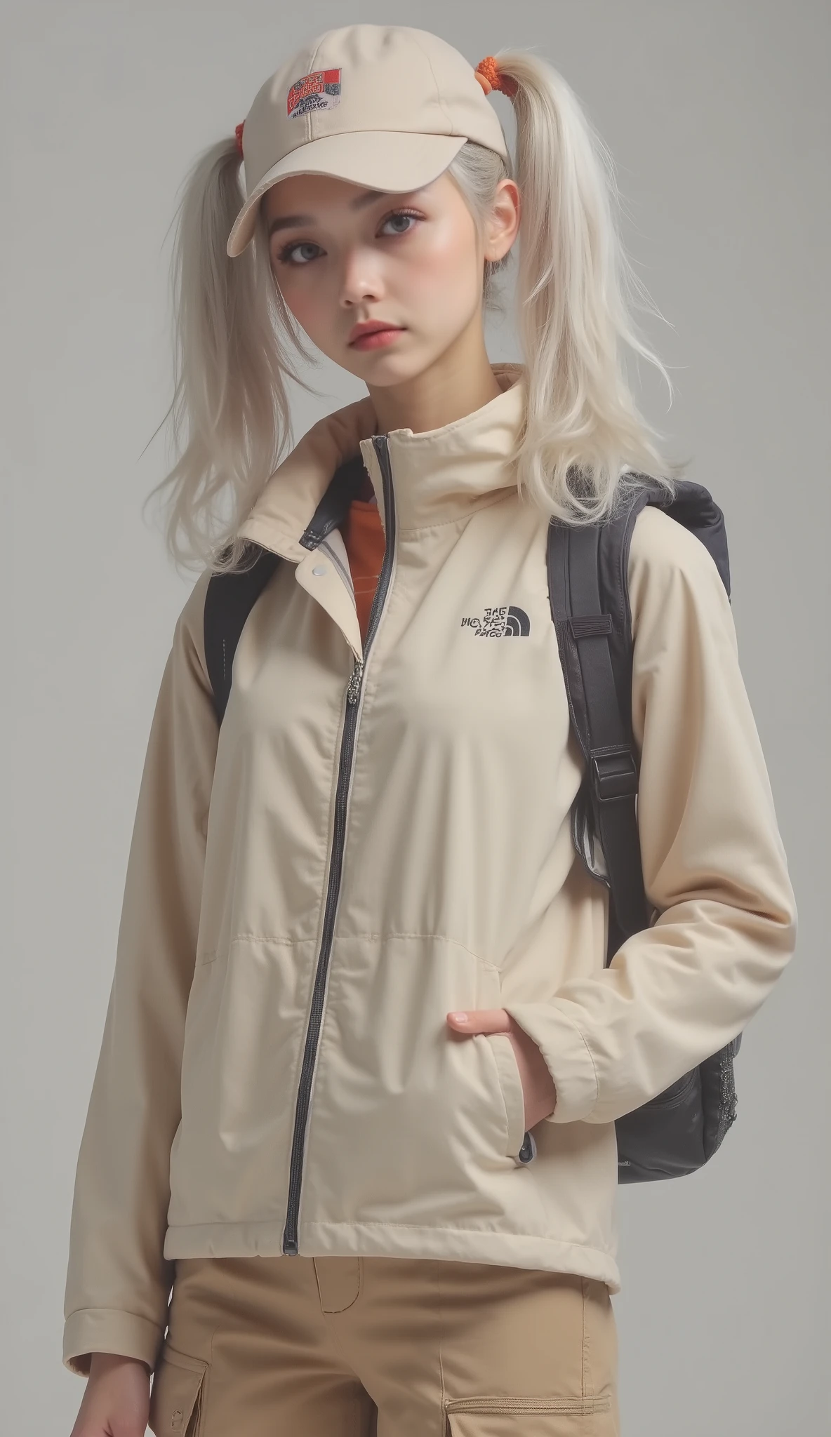 includes a loose beige jacket from The North Face brand、person wearing a stylish and practical outdoor ensemble, has a large front pocket, Has a zipper in the center, The hood has an adjustable drawcord. adjustable near the hem Pair it with beige cargo style pants that have elements, has a functional design. on top of his jacket, carrying a gray backpack with support straps on the shoulder, has an adjustable drawcord. Also wear a beige baseball cap with The North Face logo on it, has a coordinated brand look. The background is plain, a neutral colored background emphasizes clothing design and functionality. The overall impression is、is urban chic with an emphasis on comfort and practicality, Perfect for outdoor adventures and casual city walks.