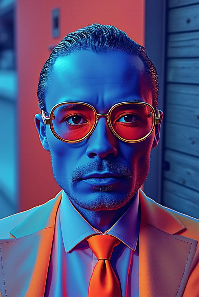 there is a man wearing sunglasses and a tie with a red and blue tie, markiplier, 3 d render of jerma 9 8 5, futurisitc sunglasses, looks like jerma985, futuristic ar glasses, bryce 3 d style, wearing blue sunglasses, neo vaporwave, implanted sunglasses, vaporwave cartoon, (((luke chueh)))