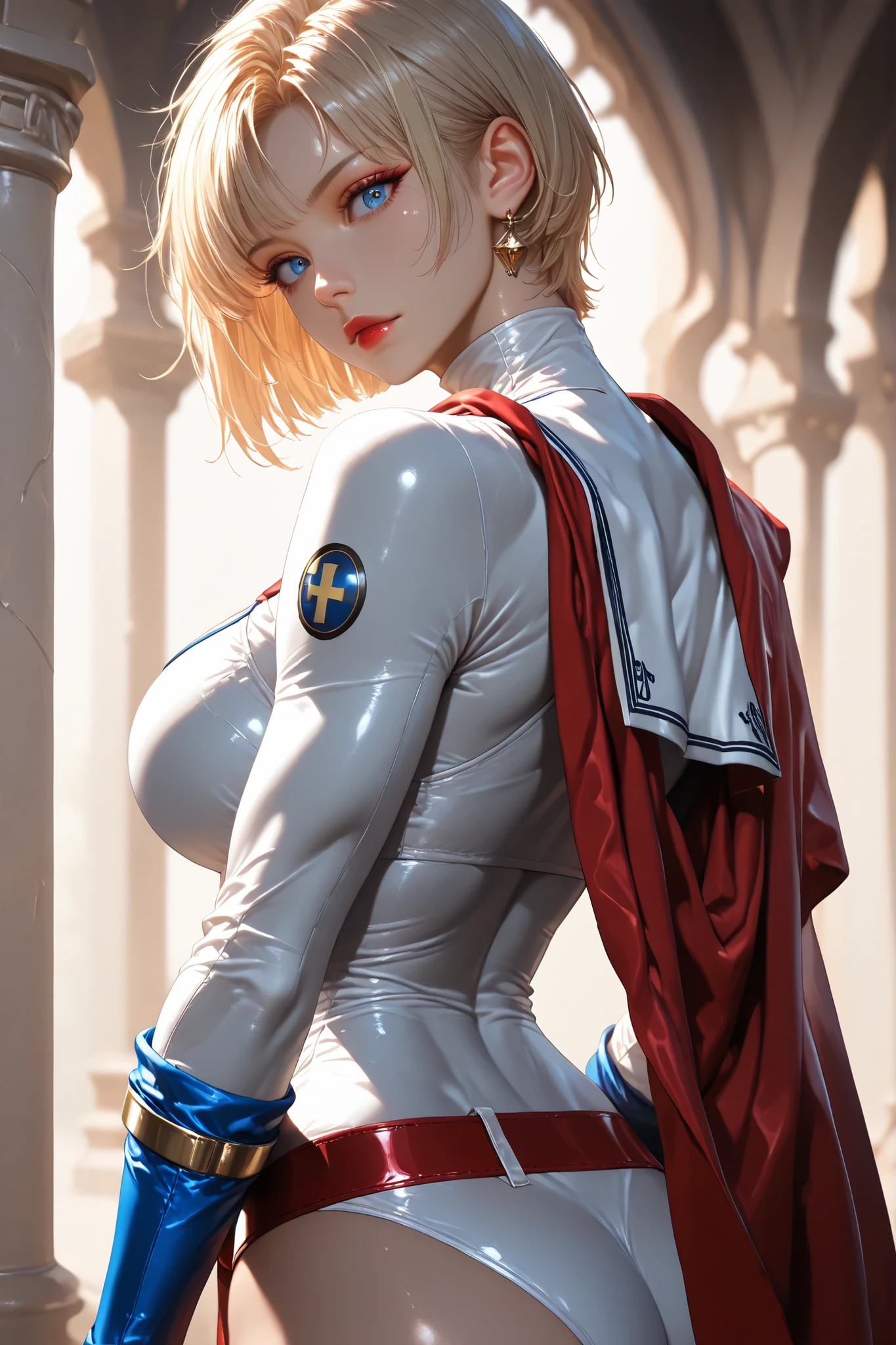 PonyXL_DC_powergirl_ownwaifu, shaft look, looking back, from behind, head tilt,1 girl, solo, blonde hair, blue eyes, big breasts, muscular woman, short hair, superhero, toned, red lips, makeup, lipstick, blue gloves, neckline, gold, high gym uniform, jewelry, weak belt, red belt, red cape, tight, white swimsuit, neckline, hips, turtleneck, bangs, thick hips, long sleeves, groin area, White sailor collar Hype4Realistic, beautiful face, anatomically accurate ratio. (highest quality, 4k, 8k, high resolution, masterpiece: 1.2), ultra-detailed, the girl is looking at the viewer, beautiful detailed lips, detailed face, complex details, warm lighting, soft colors, delicate skin, detailed background. masterpiece, highest quality, bright, very aesthetic, high contrast, semi-realistic, latest, ideal