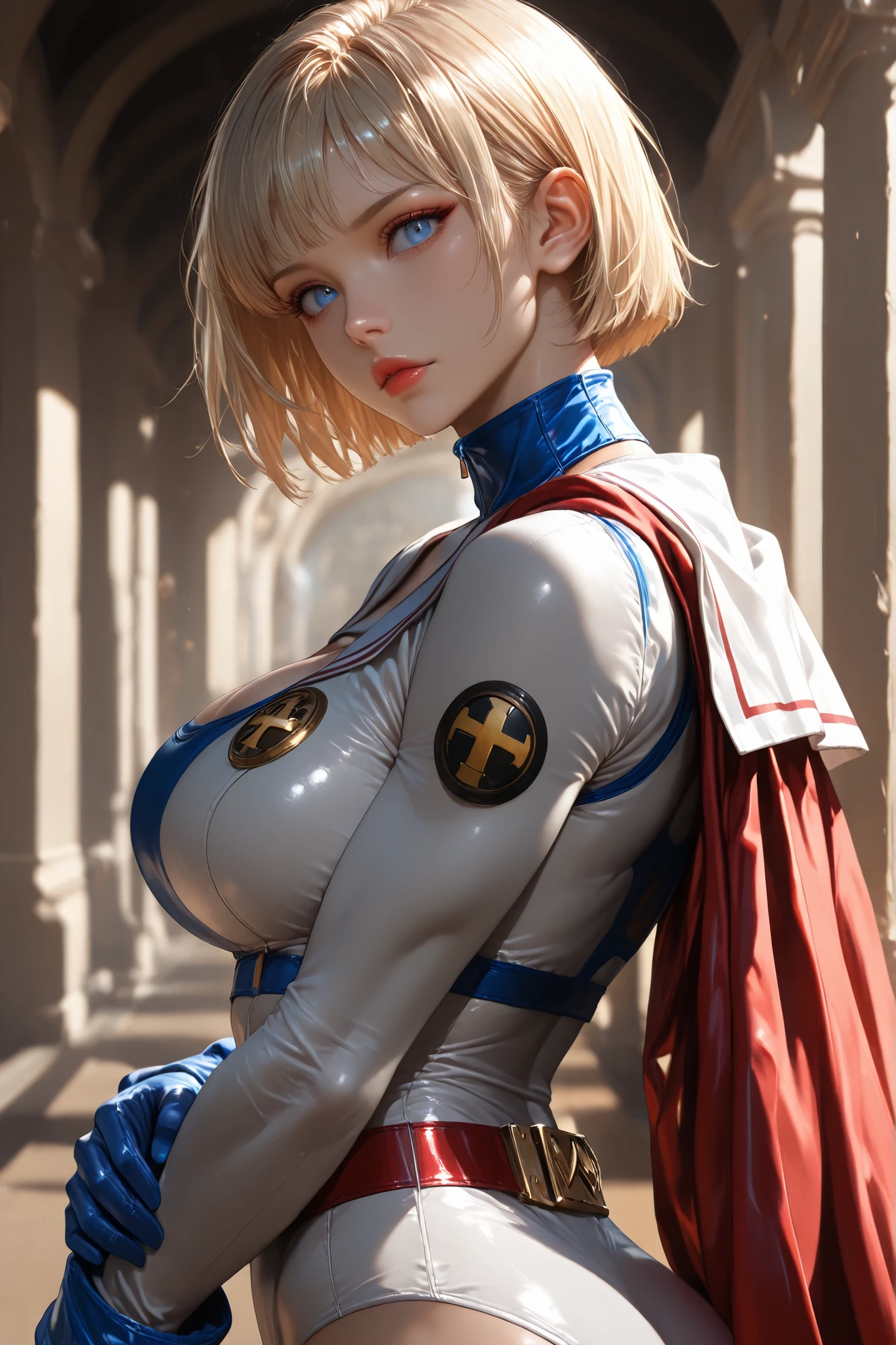 PonyXL_DC_powergirl_ownwaifu, shaft look, looking back, from behind, head tilt,1 girl, solo, blonde hair, blue eyes, big breasts, muscular woman, short hair, superhero, toned, red lips, makeup, lipstick, blue gloves, neckline, gold, high gym uniform, jewelry, weak belt, red belt, red cape, tight, white swimsuit, neckline, hips, turtleneck, bangs, thick hips, long sleeves, groin area, White sailor collar Hype4Realistic, beautiful face, anatomically accurate ratio. (highest quality, 4k, 8k, high resolution, masterpiece: 1.2), ultra-detailed, the girl is looking at the viewer, beautiful detailed lips, detailed face, complex details, warm lighting, soft colors, delicate skin, detailed background. masterpiece, highest quality, bright, very aesthetic, high contrast, semi-realistic, latest, ideal
