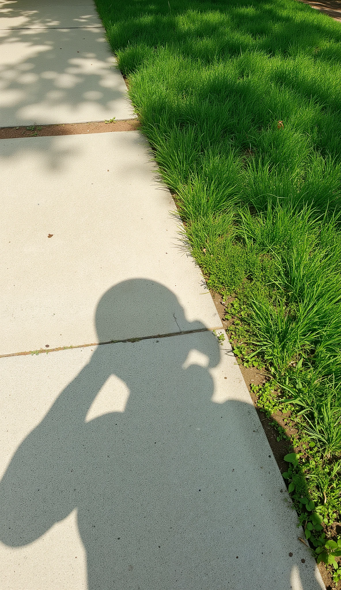 on a concrete sidewalk, shadows reveal the outlines of people, showing someone taking a picture. round helmet or hat with sunlight、such as a hand holding a smartphone or camera、teethっきりとした特徴が浮かび上がっている. Adjacent to the sidewalk, The bright green lawn is overgrown along the edge, creates a natural contrast with the artificial surface. 芝生teeth手入れが行き届いているように見える, Each leaf captures light differently, adding texture and vivid color to the landscape. The lighting is bright, teeth、a clear day thought to be part of an urban environment , around noon where shadows are probably the shortest. 写真teeth屋外での瞬間のシンプルな姿を捉えている, The elements of human presence and nature are subtly blended, Artistic composition.