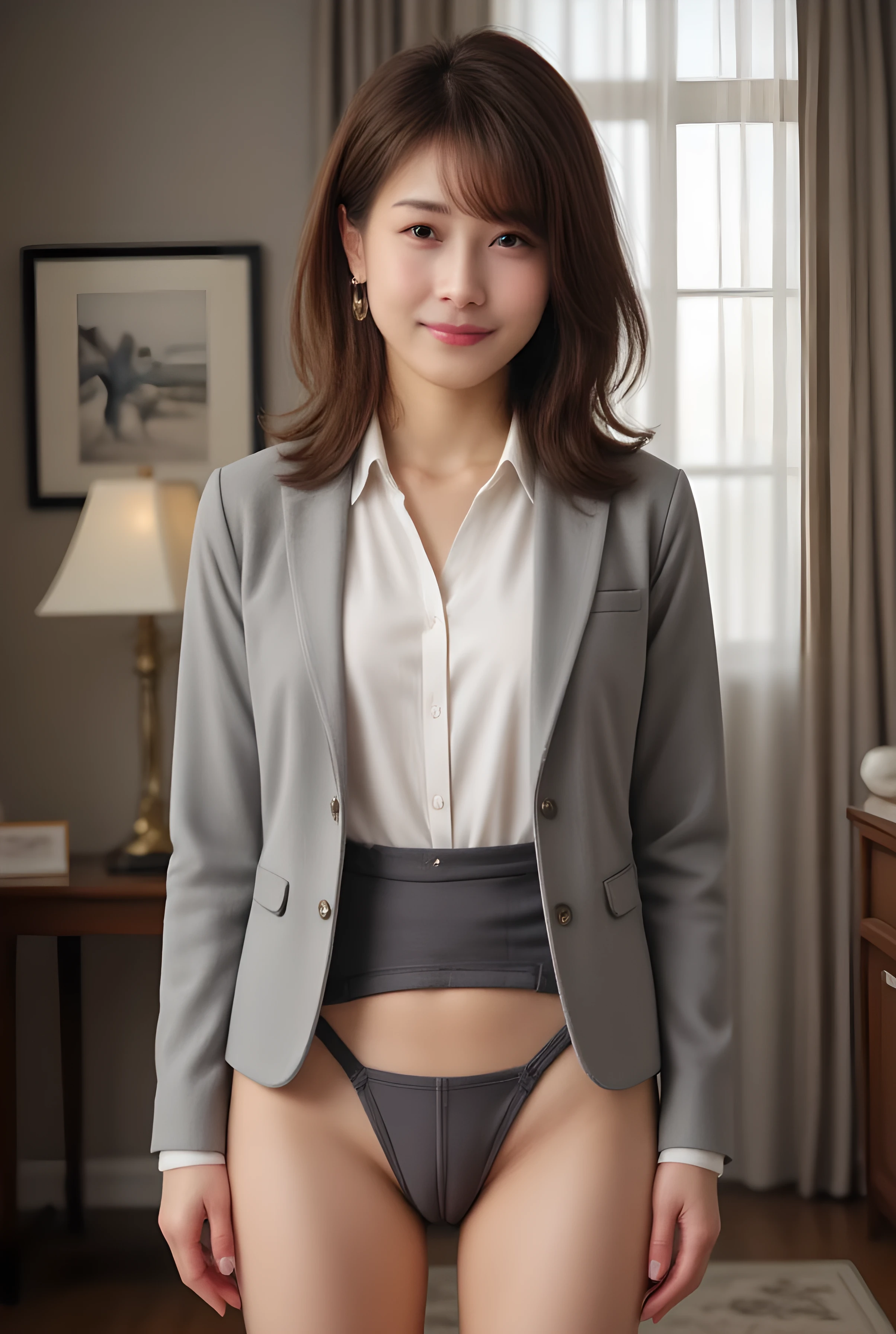  1 woman,Beauty, 20th generation，detailed face、,beautiful faces,smile,(gray suit、miniskirt、white shirt:1.1)、BREAK、sexy garter belt panties、(pants from below:1.8)、( Side-Facing,  open the leg ) 、Dignified appearance,backwards plump style,(Heavy ,  たるんだchest 、chest、topless:1.1)、 Front Map、thighs, thighs, thighs、Surrealistic, Ultra High Definition ,Highest Quality,8k,masterpiece,外出用ガーターベルト Front Map、 Beautiful arms 、 hand入れの行き届いた指先 , size 8
Line break ,(pubic hair:1.4),(cat/vagina),(Rating_blatant),detailed skin,(perfection_cat),(perfection_hand),nsfw,erotic,adult content,and sensual,nude,Naked,I'm not wearing anything,,kissing,I don't want,Blind _ Add Details ,(Naked:1.4),(erotic photo:1.4),