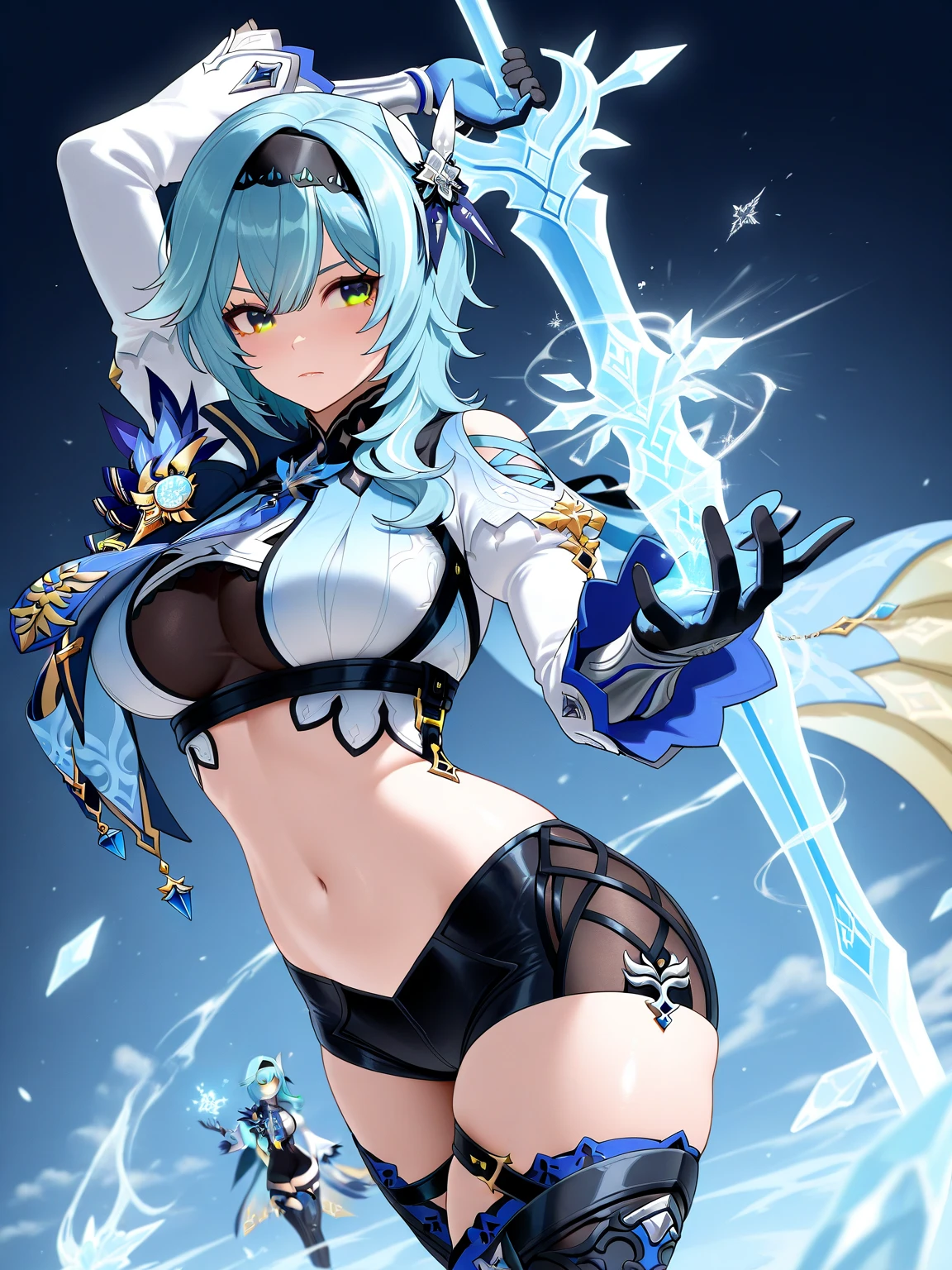 (full body image of an ice elf:1.2),prone on a fluffy bed,full body, medium length elf ears, pointy ears,ice around, frosty theme,exotic pose, seductive body, lay, (prone in a  way,showing the nice :1.2),( shiny yellow eyes:1.2), light cold smile, arrogant facial expression,  Russian style costume, Blue crystal jewelry, icy blue glowing tattoos,Detailed,Realistic,4k highly detail,by Mappa studios,masterpiece,best quality,official art,illustration,ligne claire,(cool_color),perfect composition,fantasy,focused,rule of third