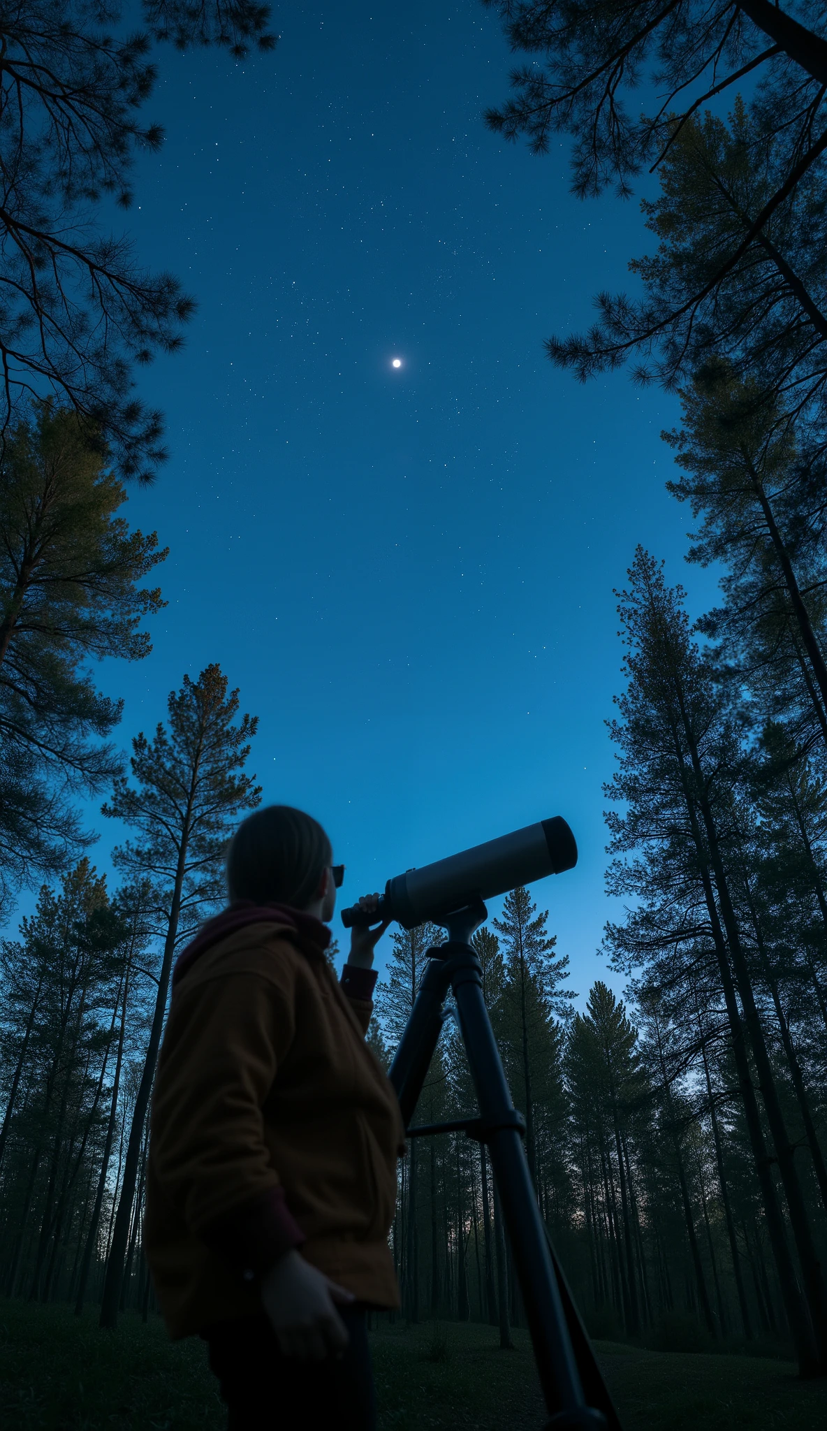 arafed woman looking through a Telescope at a forest, Telescope, Look Up at the Sky, low angle shot, low angle shot, Looking into the distance, The starry sky of, staring into the distance, Gazing into space, staring at the stars, staring into the distance, watching the moon with kittens , Girl Stares at Space , Astrophotography
