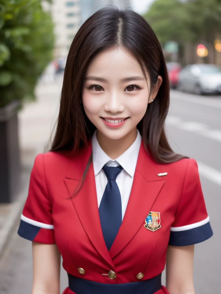 (a gorgeous lady, age 21, Flight Attendant uniform, Shenzhen Airlines Stewardess, wet white shirt, wet red , kneeling in a steamy bathroom, dimpled smile, short ponytai hair, short bob hair, cute snaggleteeth, well-endowed round , long flawless legs, photorealistic, beautiful detailed eyes, beautiful detailed face, hyper-realism, high contrast, ultra HD, realistic skin textures, top image quality, top-quality, super high resolution, fine details, very meticulously, close-up shot, head to thigh, romantic night, dark bokeh background)