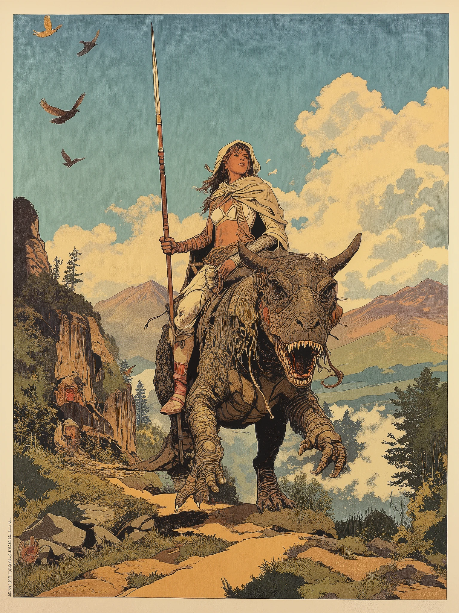 Multicolor woodcut. Designed by Phandigrams. Flat illustration. Highly aesthetic, highly detailed, two-dimensional, anatomically accurate, off-center composition, viewed from below.
A beautiful woman in a white bikini rides a bipedal dragon reminiscent of a harnessed velociraptor. With long hair and a sharp gaze, she holds a long spear and the dragon's reins, gazing silently but menacingly at the viewer. Reminiscent of medieval fantasy, the woman is dressed in a long, flowing hooded cloak.
Exuding power, she stands on a rugged path.
The dragon she rode was slender, yet appeared very agile and dynamic. In addition to horse trappings, it was also equipped with protective gear.
This work depicts hills and cliffs in the background, clouds, flying birds, and forests in the distance. The detailed yet refined color combination vividly conveys a sense of perspective. The knight's face is beautiful, radiating a charm that will captivate the hearts of modern people.
This is a masterpiece of the highest quality, with a high level of aesthetic sensitivity and anatomical accuracy, magnificently depicting limbs, the natural human body, otherworldly wild places, and beautiful women. It is breathtakingly beautiful. It is a masterpiece worthy of preservation for future generations, as well as being used as an illustration for fiction books and novels.
The background depicts hills and cliffs, clouds, flying birds, and distant forests.