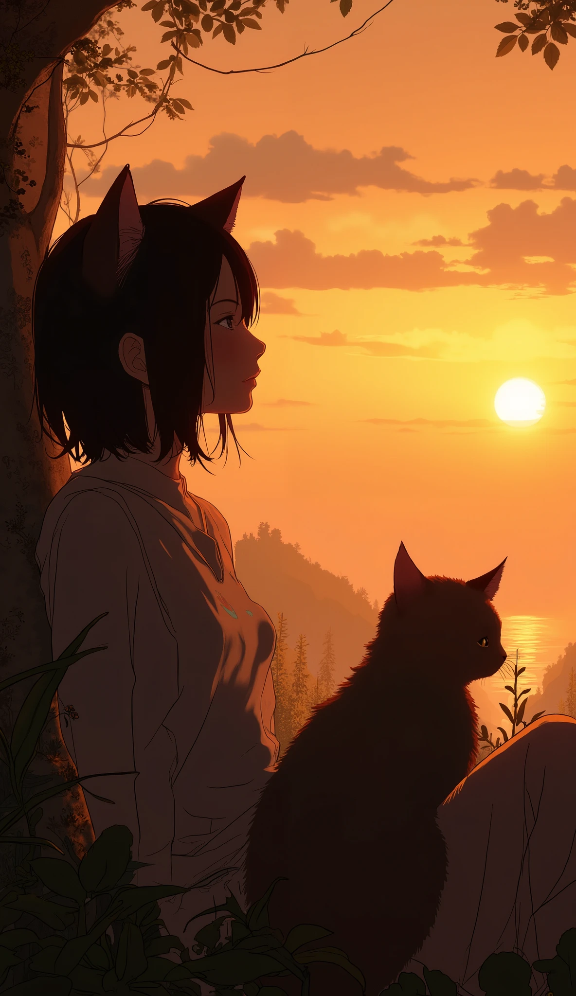 There are 2 pictures of a woman with a cat on her lap, with melew, ((melew)), with a melew, melew!!!, watching the sunset. anime, silhouette!!!, melew time, it is melew, silhouette :7, at a beautiful melew, looking at melew, in the melew, golden hour, melew photo, silhouette over melew, melew mood