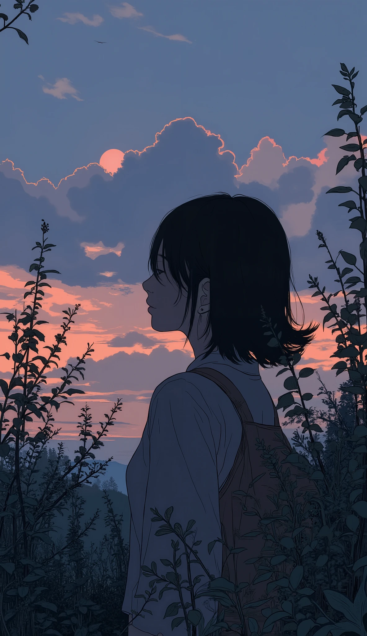 マルチパネル構成teeth、deeper twilight Color. 最初のパネルでteeth, shadow figure, with calm colors like the sky, teeth、This image has a fine balance between day and night, sinking behind a hill. calm as the sky, 遠くの街並みteeth、figure reappears. on the second panel, young woman with short hair, Surrounded by leaves , Conceals your face with shadows that create a serene urban vibe {x} captures the quiet beauty of the sunset from various perspectives {x} It all creates a calm and meditative mood Shades of pink and orange. drawn。, 3番目のパネルにteeth、Emitting a warm light、while the sky is filled with delicate clouds. appears as a silhouetted shrub, probably reappears. Finally, 下のパネルでteeth、truss, transition to, A woman gently holding、stands in the background of a dim sky、4 visuals.