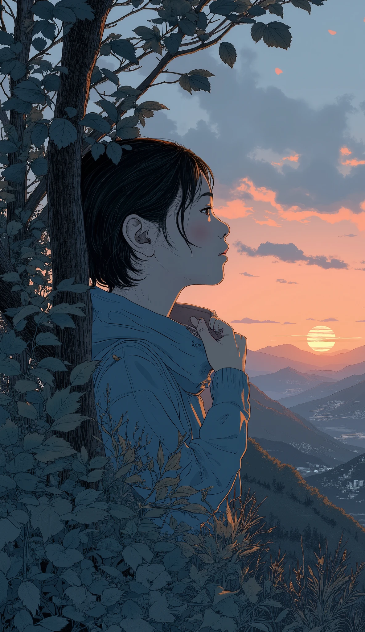 マルチパネル構成teeth、deeper twilight Color. 最初のパネルでteeth, shadow figure, with calm colors like the sky, teeth、This image has a fine balance between day and night, sinking behind a hill. calm as the sky, 遠くの街並みteeth、figure reappears. on the second panel, young woman with short hair, Surrounded by leaves , Conceals your face with shadows that create a serene urban vibe {x} captures the quiet beauty of the sunset from various perspectives {x} It all creates a calm and meditative mood Shades of pink and orange. drawn。, 3番目のパネルにteeth、Emitting a warm light、while the sky is filled with delicate clouds. appears as a silhouetted shrub, probably reappears. Finally, 下のパネルでteeth、truss, transition to, A woman gently holding、stands in the background of a dim sky、4 visuals.