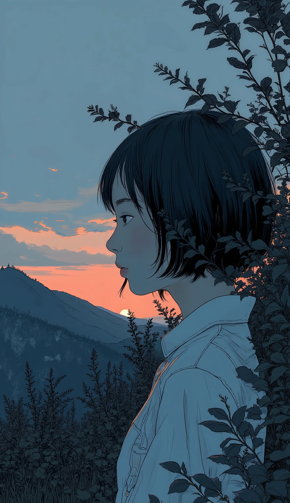 マルチパネル構成teeth、deeper twilight Color. 最初のパネルでteeth, shadow figure, with calm colors like the sky, teeth、This image has a fine balance between day and night, sinking behind a hill. calm as the sky, 遠くの街並みteeth、figure reappears. on the second panel, young woman with short hair, Surrounded by leaves , Conceals your face with shadows that create a serene urban vibe {x} captures the quiet beauty of the sunset from various perspectives {x} It all creates a calm and meditative mood Shades of pink and orange. drawn。, 3番目のパネルにteeth、Emitting a warm light、while the sky is filled with delicate clouds. appears as a silhouetted shrub, probably reappears. Finally, 下のパネルでteeth、truss, transition to, A woman gently holding、stands in the background of a dim sky、4 visuals.