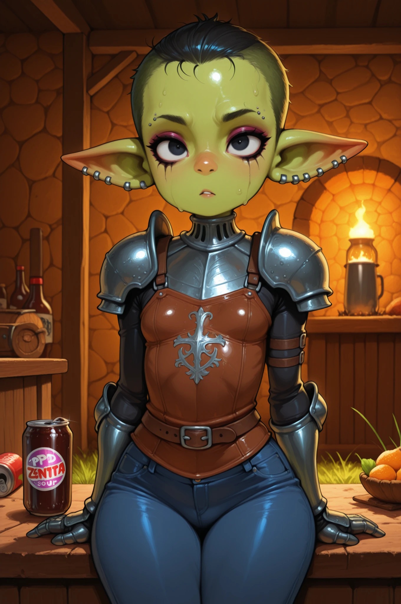female punk, greasy rainbow very short hair, black eye , facial piercings, eye makeup, flat breasts, meduim hips, (goblin girl:1.0) (shortstack:1.0) (green skin:1.0) (medieval fantasy tavern:1.2), (zPDXL2, zPDXLxxx, score_9, score_8_up, score_7_up:1.2), rating_questionable, nsfw pin up art by Michael Whelan, from the front, active pose with arm out, clothed, medieval fantasy, knight commander woman, armored woman, shirt, muscular woman, standing in grass field, pauldrons, gauntlets, tavern in background, strong lighting, sitting, food, fanta, cola, aluminum can, jeans, shirt, solo, 1girl