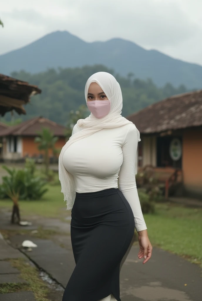 RAW, Best quality, high resolution, masterpiece: 1.3), beautiful Malay woman in hijab,Masterpiece, perfect slim fit body, (), big gorgeous eyes, Soft smile, wear a grey tight singlet, short pants, necklace, shairband, afternoon walk, City garden, Excellent lighting, Bright colors, Clean lines