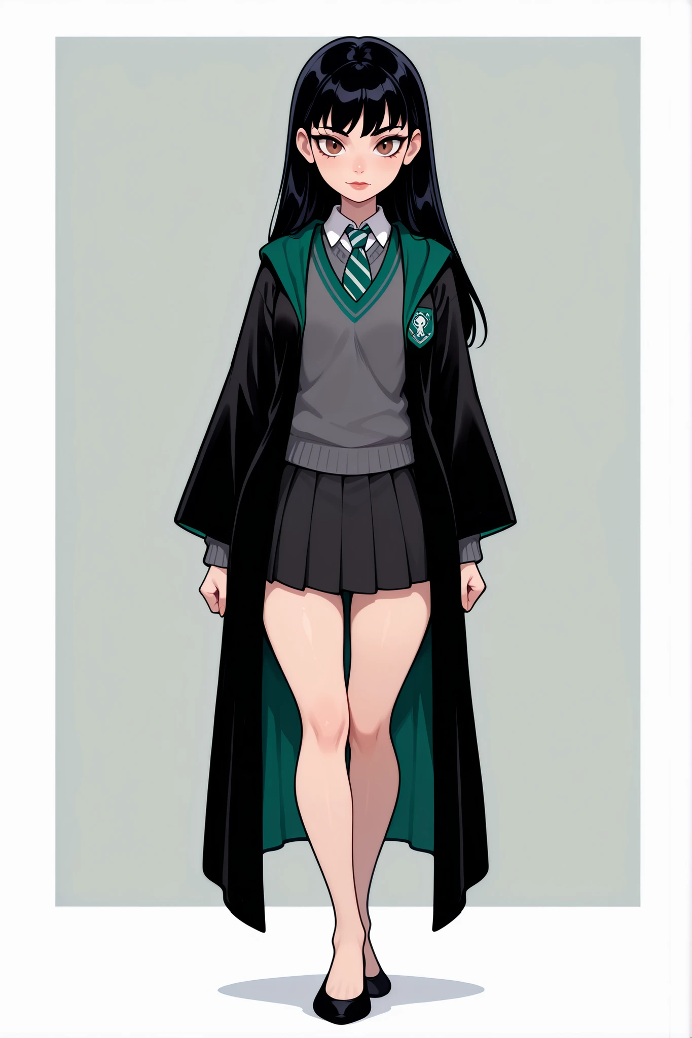 score_9, score_8_up, score_7_up, best quality, masterpiece, 4k resolution, 1girl, solo, youthful, beautiful, full body, long straight hair, pitch black hair, brown eyes, sharp eyes, looking at viewer, elegant posture, bare legs, smooth body, clean skin, hogwarts uniform, slytherin, black robe, necktie, striped necktie, collared shirt, sweater, pleated skirt, grey sweater, flats, ballet shoes, black shoes, vibrant expression,