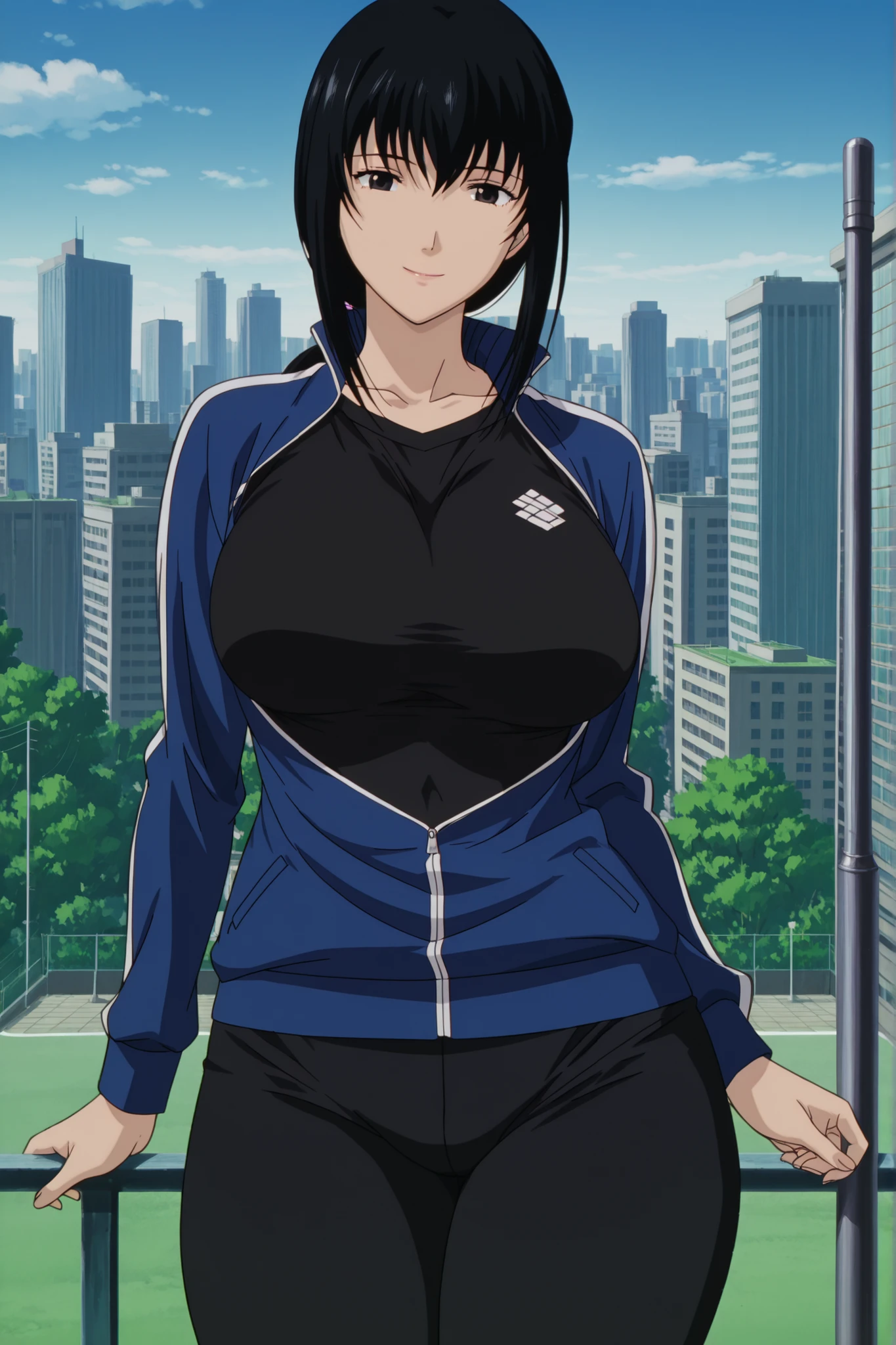 newest , masterpiece , anime screencap , anime coloring , masterpiece, best quality , yukishiro tomoe,2019s \(style\), black eyes, long hair, black hair, big breasts, big buttocks, glamorous bodies, attractive bodies, thick thighs, Toned thighs, lips, Smile,view detailed body, (((track jacket, black pants , track suit , black shirt , collarbone , long sleeves, black pants,)), city,