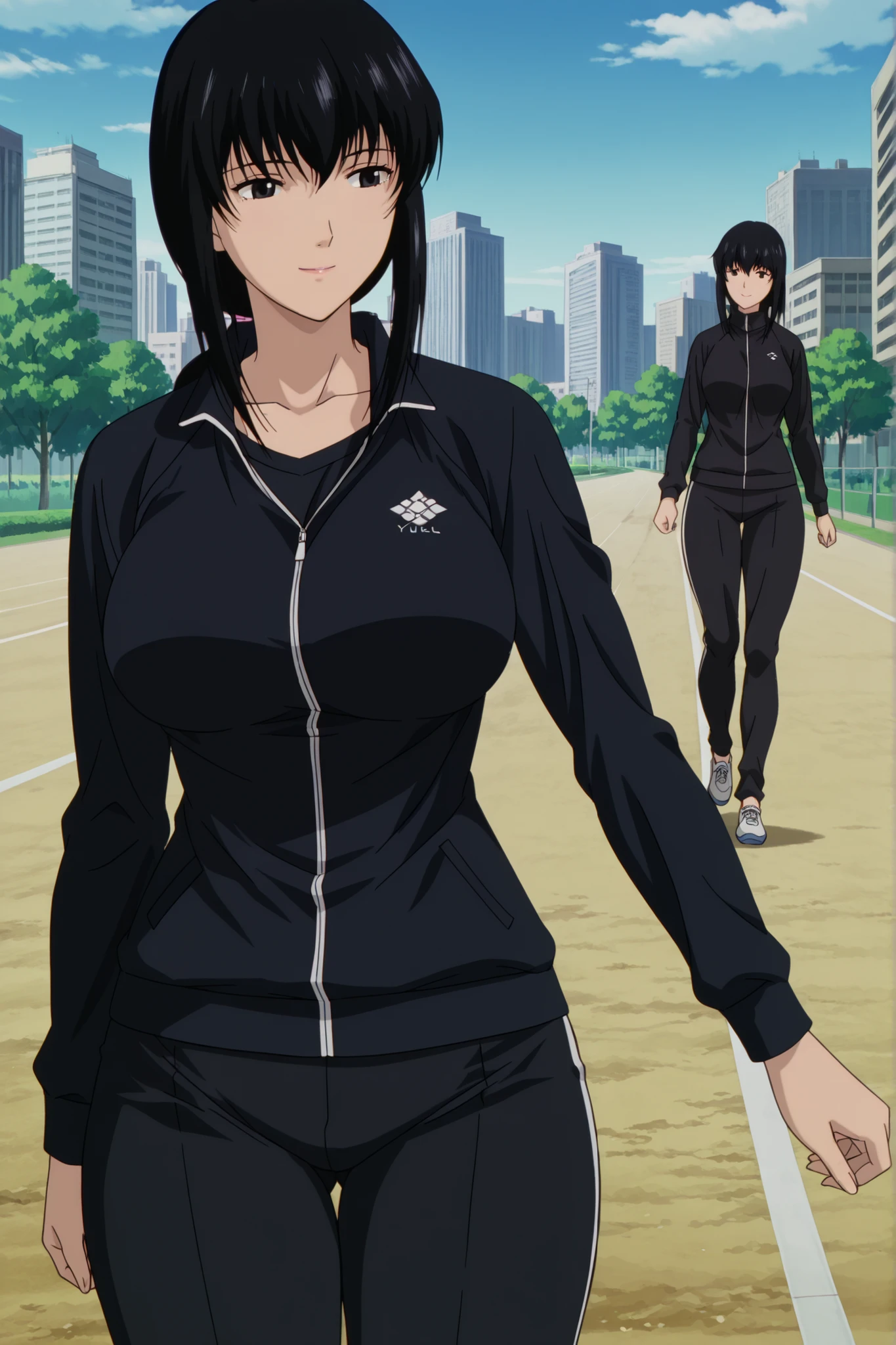 newest , masterpiece , anime screencap , anime coloring , masterpiece, best quality , yukishiro tomoe,2019s \(style\), black eyes, long hair, black hair, big breasts, big buttocks, glamorous bodies, attractive bodies, thick thighs, Toned thighs, lips, Smile,view detailed body, (((track jacket, black pants , track suit , black shirt , collarbone , long sleeves, black pants,)), city,