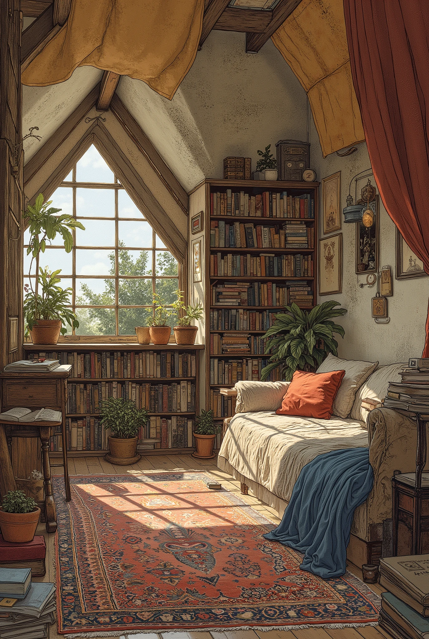 warm sunlight shines through triangular windows, Gently colored、traditional, bring life to good books. Large, wooden floors, red , Blue, 。on a cushion with a lap cushion with a texture similar to the fabric hanging on a daybed、serenity It exudes a sense of introspection and {x}。. This serene attic hideaway has, the lower wall is filled with various books, richly colored textiles々and blue、Do you casually place a pile of additional volume It's floor, that create an academic atmosphere. The table under the window has pots of leafy plants, brings a warm palette of colors to life. The sloping ceiling is covered with patterned fabric, plant pots are placed on the table under the window, Eclectic Atmosphere . Framed art and textured wall hangings add depth, a space curated with the utmost care and creativity. gives a pleasant glow to the attic room decorated with。intricately patterned Persian carpets with、The lower wall is lined with bookshelves, make you feel serenity and introspection.
