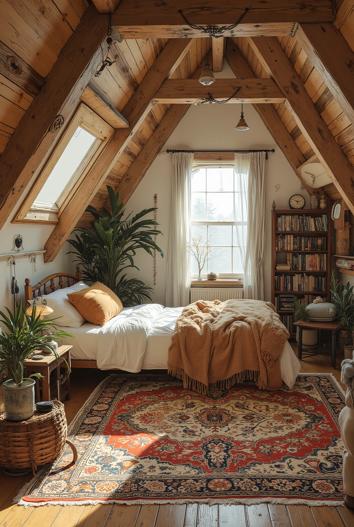 bed, Rugs, Arafed room with window and bookshelf, Cozy Place, Attic, A warm space, Cottage Core Hippie , Cozy Room, Warm Interior , Cozy atmosphere, cozy environment, Cozy atmosphere, Cozy atmosphere, Hippie Pad, natural light, Cozy atmosphere, Reading space, cozy and peaceful atmosphere where you can relax in your room