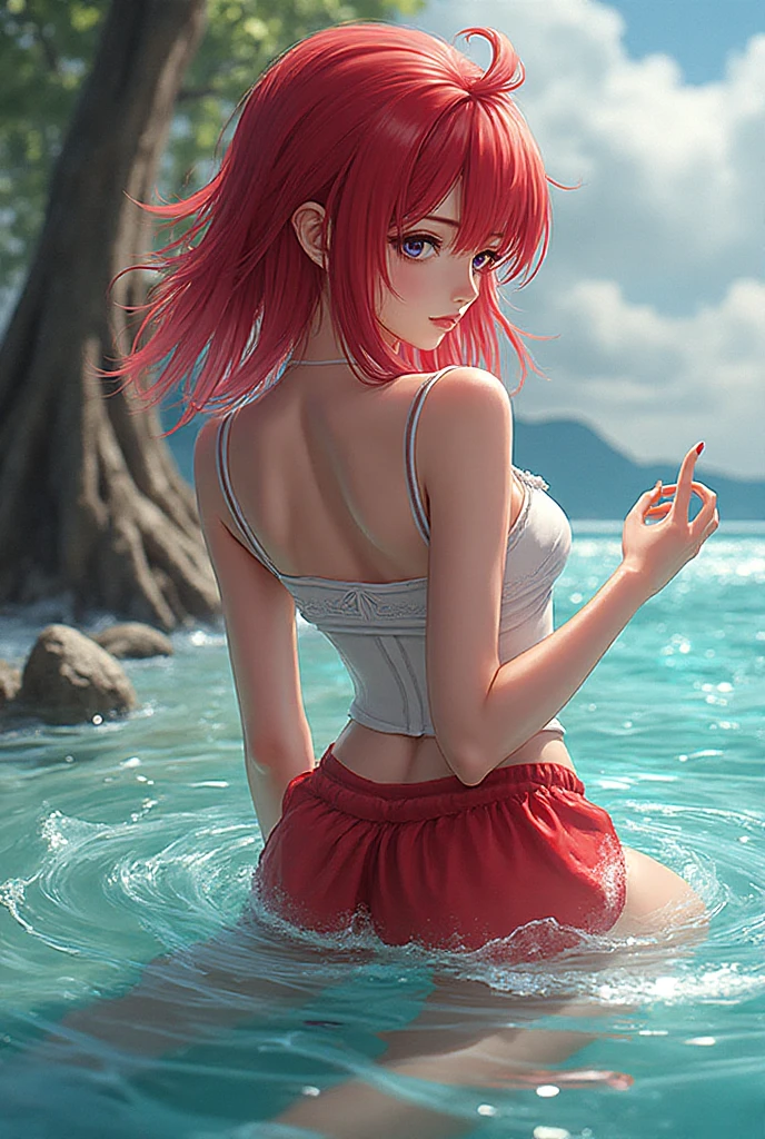 obra-prima, alta qualidade, ultra detalhado, beautiful and detailed face, anime, ultra high resolution, 8k, only, Rin Toshaka, magro, seios grandes, vermelho, envergonhado, peito nu, floss, apertado, hands tied, corda, kneeling in water , abaixou-se, Look away, rock, tree , praia, ar livre, from behind, pov,