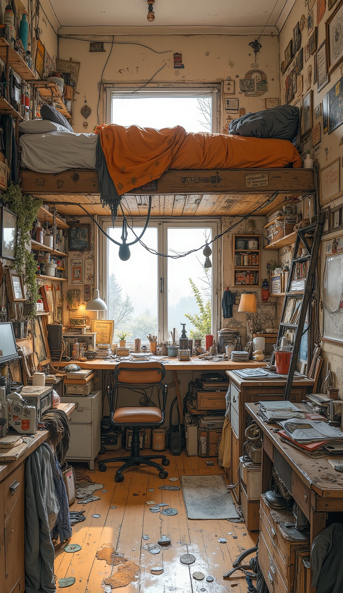 arraffed loft bed with desk and ladder in the room, art student apartment, Hippie Pad, messy maximalist interior, small, cozy student dorm room, Messy Room, in a messy bedroom, Photo of the loft interior, Morning loft photo , in Tiny Room, Tiny Room, Studio Orange, Messy Room