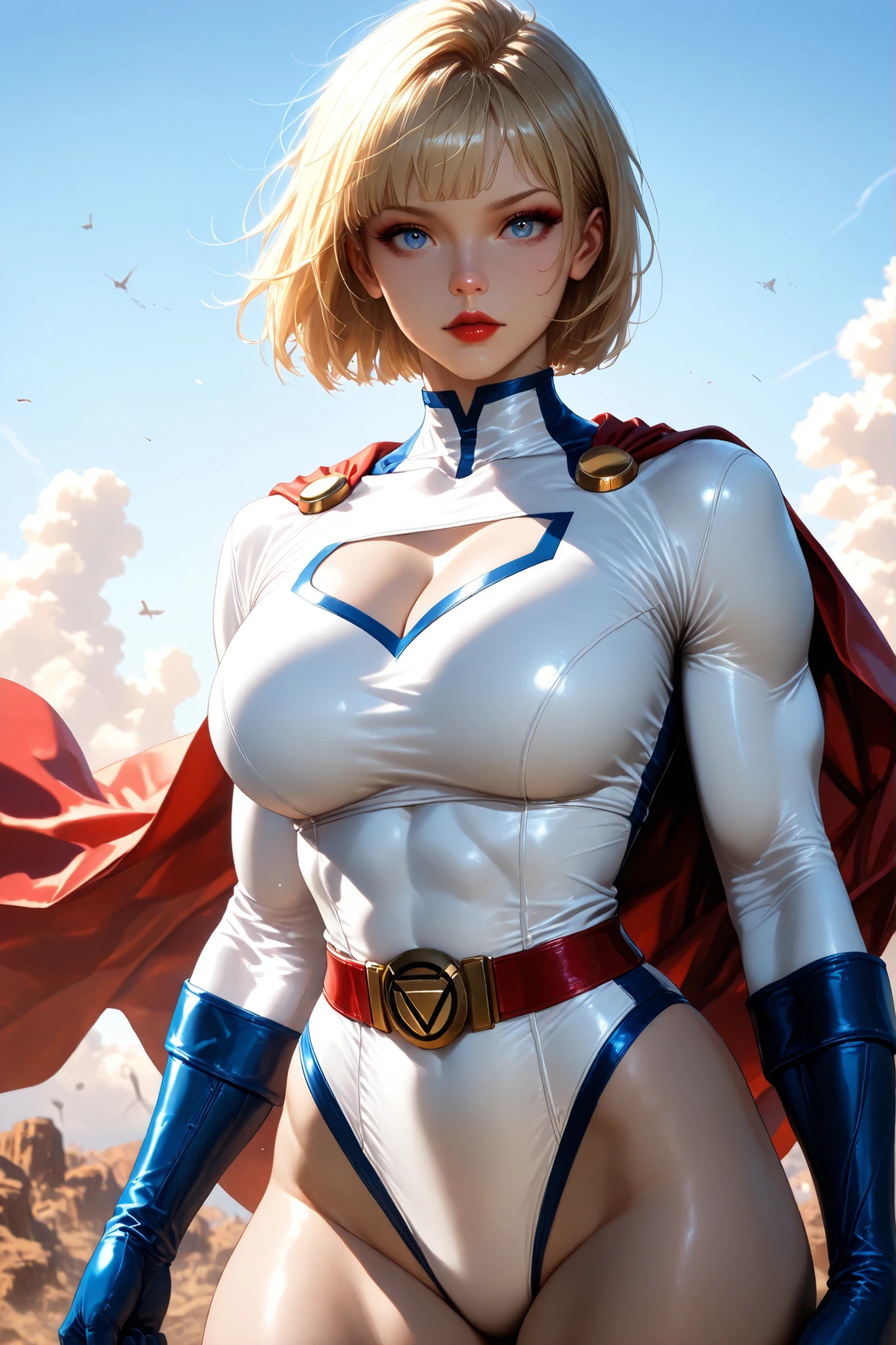 PonyXL_DC_powergirl_ownwaifu, 1 girl, solo, blonde hair, blue eyes, big breasts, muscular woman, short hair, superhero, toned, red lips, makeup, lipstick, blue gloves, neckline, gold, high gym uniform, jewelry, weak belt, red belt, red cape, tight, white swimsuit, neckline, hips, turtleneck, bangs, thick hips, long sleeves, groin area, White sailor collar Hype4Realistic, beautiful face, anatomically accurate ratio. The girl flies like a superhero in the blue sky, she is an incredibly beautiful and powerful heroine. (highest quality, 4k, 8k, high resolution, masterpiece: 1.2), ultra-detailed, the girl is looking at the viewer, beautiful detailed lips, detailed face, complex details, warm lighting, soft colors, delicate skin, detailed background. masterpiece, highest quality, bright, very aesthetic, high contrast, semi-realistic, latest, ideal