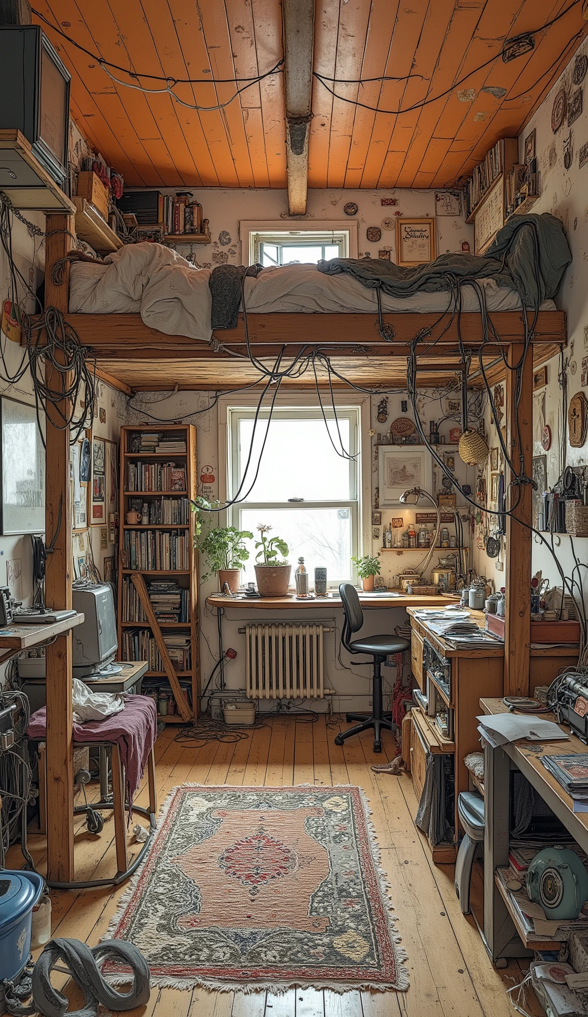 arraffed loft bed with desk and ladder in the room, art student apartment, Hippie Pad, messy maximalist interior, small, cozy student dorm room, Messy Room, in a messy bedroom, Photo of the loft interior, Morning loft photo , in Tiny Room, Tiny Room, Studio Orange, Messy Room
