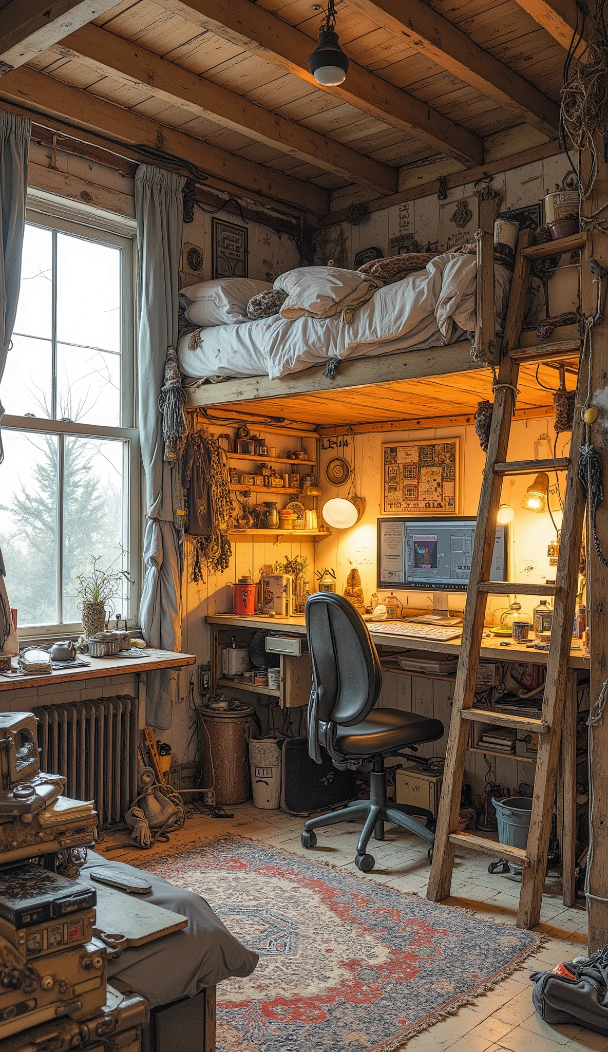 arraffed loft bed with desk and ladder in the room, art student apartment, Hippie Pad, messy maximalist interior, small, cozy student dorm room, Messy Room, in a messy bedroom, Photo of the loft interior, Morning loft photo , in Tiny Room, Tiny Room, Studio Orange, Messy Room