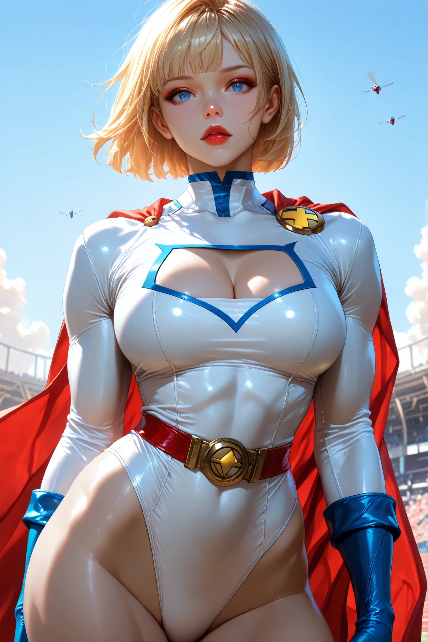 PonyXL_DC_powergirl_ownwaifu, 1 girl, solo, blonde hair, blue eyes, big breasts, muscular woman, short hair, superhero, toned, red lips, makeup, lipstick, blue gloves, neckline, gold, high gym uniform, jewelry, weak belt, red belt, red cape, tight, white swimsuit, neckline, hips, turtleneck, bangs, thick hips, long sleeves, groin area, White sailor collar Hype4Realistic, beautiful face, anatomically accurate ratio. The girl flies like a superhero in the blue sky, she is an incredibly beautiful and powerful heroine. (highest quality, 4k, 8k, high resolution, masterpiece: 1.2), ultra-detailed, the girl is looking at the viewer, beautiful detailed lips, detailed face, complex details, warm lighting, soft colors, delicate skin, detailed background. masterpiece, highest quality, bright, very aesthetic, high contrast, semi-realistic, latest, ideal