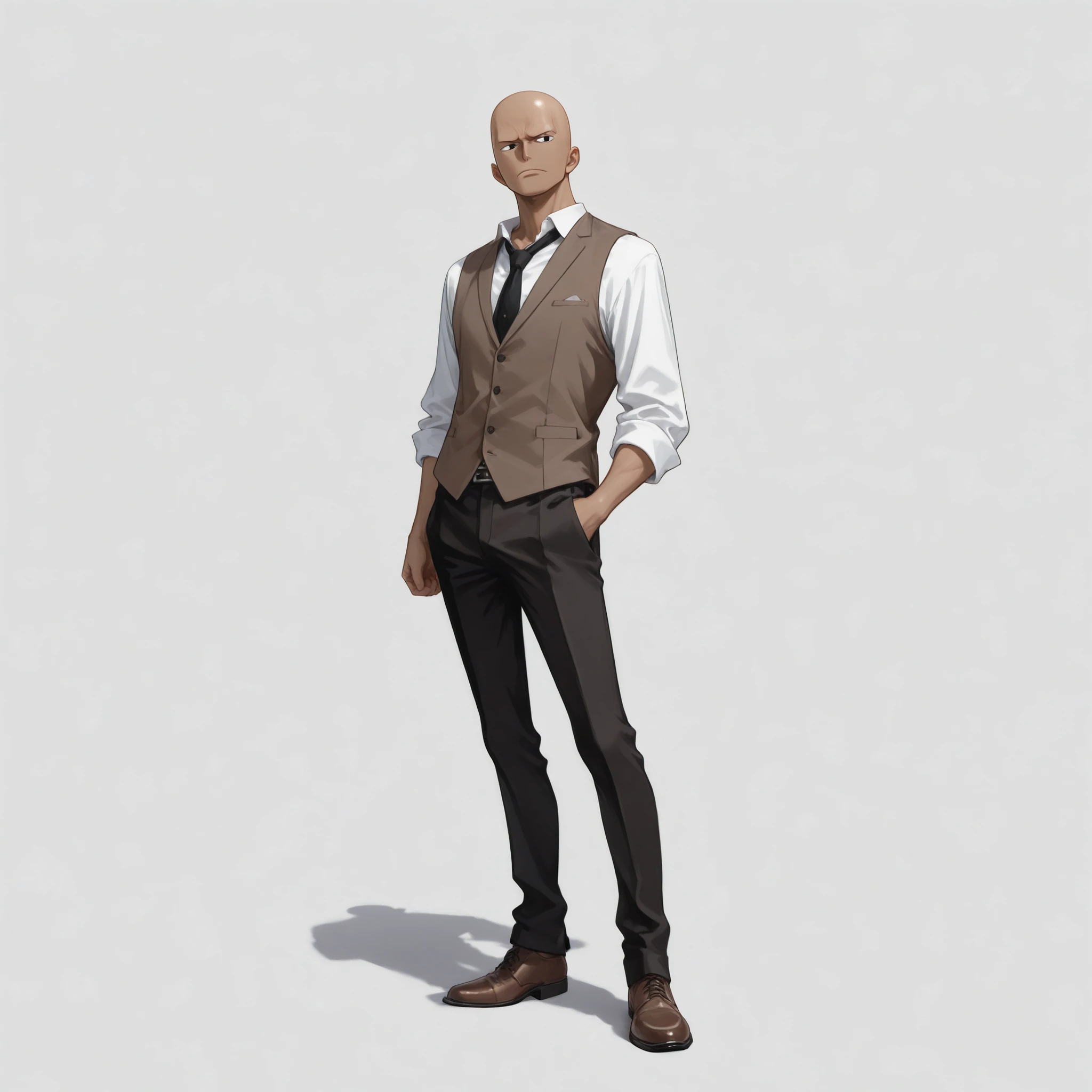 (male), (boy, dark skin), (slim body), (bald)), (black eyes), (solo), (single character), (full body version), (white background), (no background), (highly detailed), (shadow), (standing pose), (natural light), (detailed outfit), (detailed hand), (detailed face), (detailed hair)

wearing casual formal style with a simple vest over a white shirt, black trousers, and brown formal shoes, (one piece style art)