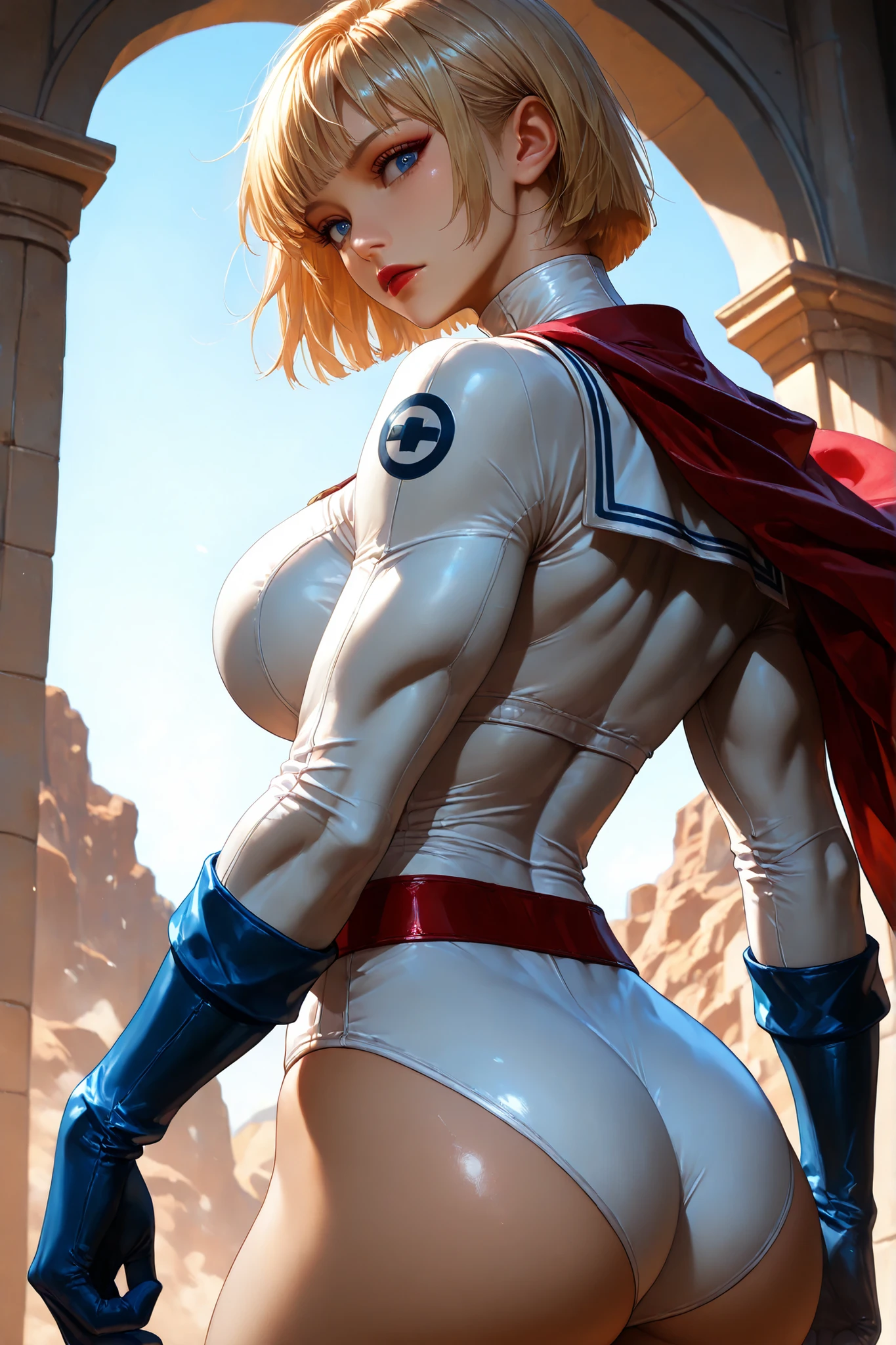 PonyXL_DC_powergirl_ownwaifu, shaft look, looking back, from behind, head tilt,1 girl, solo, blonde hair, blue eyes, big breasts, muscular woman, short hair, superhero, toned, red lips, makeup, lipstick, blue gloves, neckline, gold, high gym uniform, jewelry, weak belt, red belt, red cape, tight, white swimsuit, neckline, hips, turtleneck, bangs, thick hips, long sleeves, groin area, White sailor collar Hype4Realistic, beautiful face, anatomically accurate ratio. Side view of a girl flying through the blue sky, (highest quality, 4k, 8k, high resolution, masterpiece: 1.2), ultra-detailed, complex details, warm lighting, soft colors, delicate skin, detailed background. masterpiece, highest quality, bright, very aesthetic, high contrast, semi-realistic, latest, ideal
