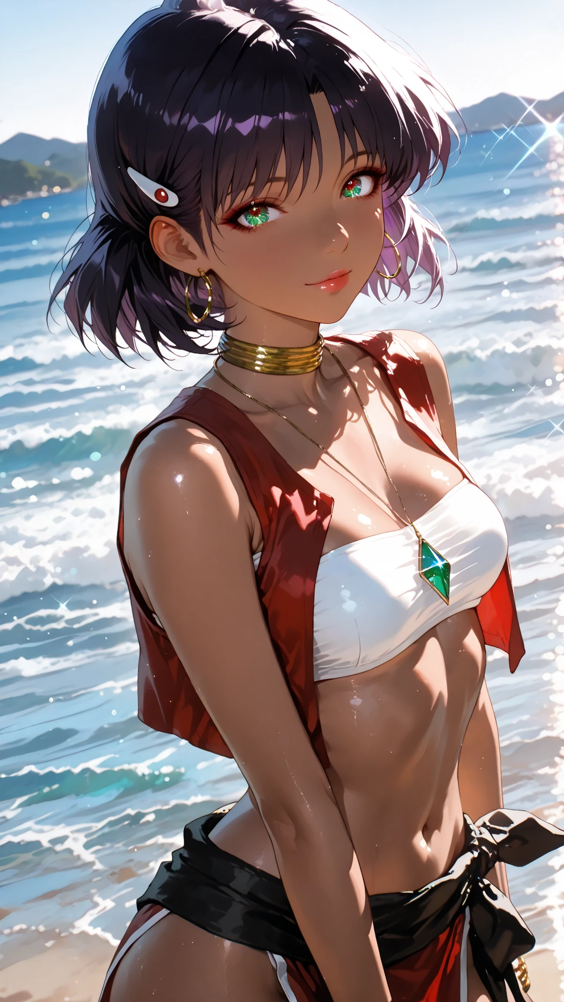  1 beautiful girl,Beautiful colored light, Sparkle in the eyes, glossy lips, slender body, Sensual Body, Beautiful skin that repels water,Tranquil standing in natural light,Sandy coast, High Quality, Realistic Portraits,realistic texture,Precise Depiction,Deep Focus,Vivid Colors,grace,Elegant Atmosphere, nadia la arwall,purple hair,dark-skinned female,red loincloth,jewelry,bandeau,hairclip,red vest,necklace,