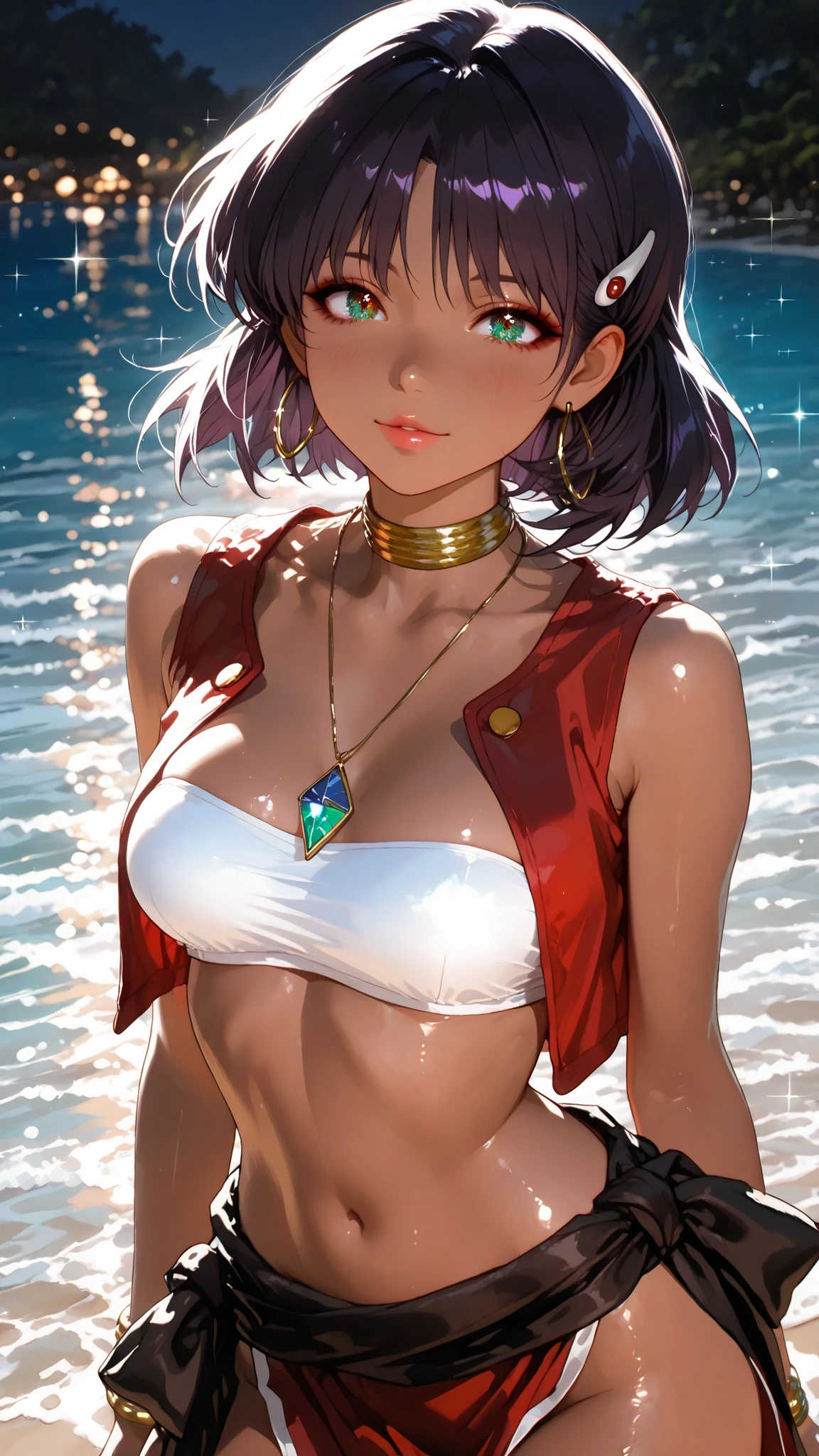  1 beautiful girl,Beautiful colored light, Sparkle in the eyes, glossy lips, slender body, Sensual Body, Beautiful skin that repels water,Tranquil standing in natural light,Sandy coast, High Quality, Realistic Portraits,realistic texture,Precise Depiction,Deep Focus,Vivid Colors,grace,Elegant Atmosphere, nadia la arwall,purple hair,dark-skinned female,red loincloth,jewelry,bandeau,hairclip,red vest,necklace,