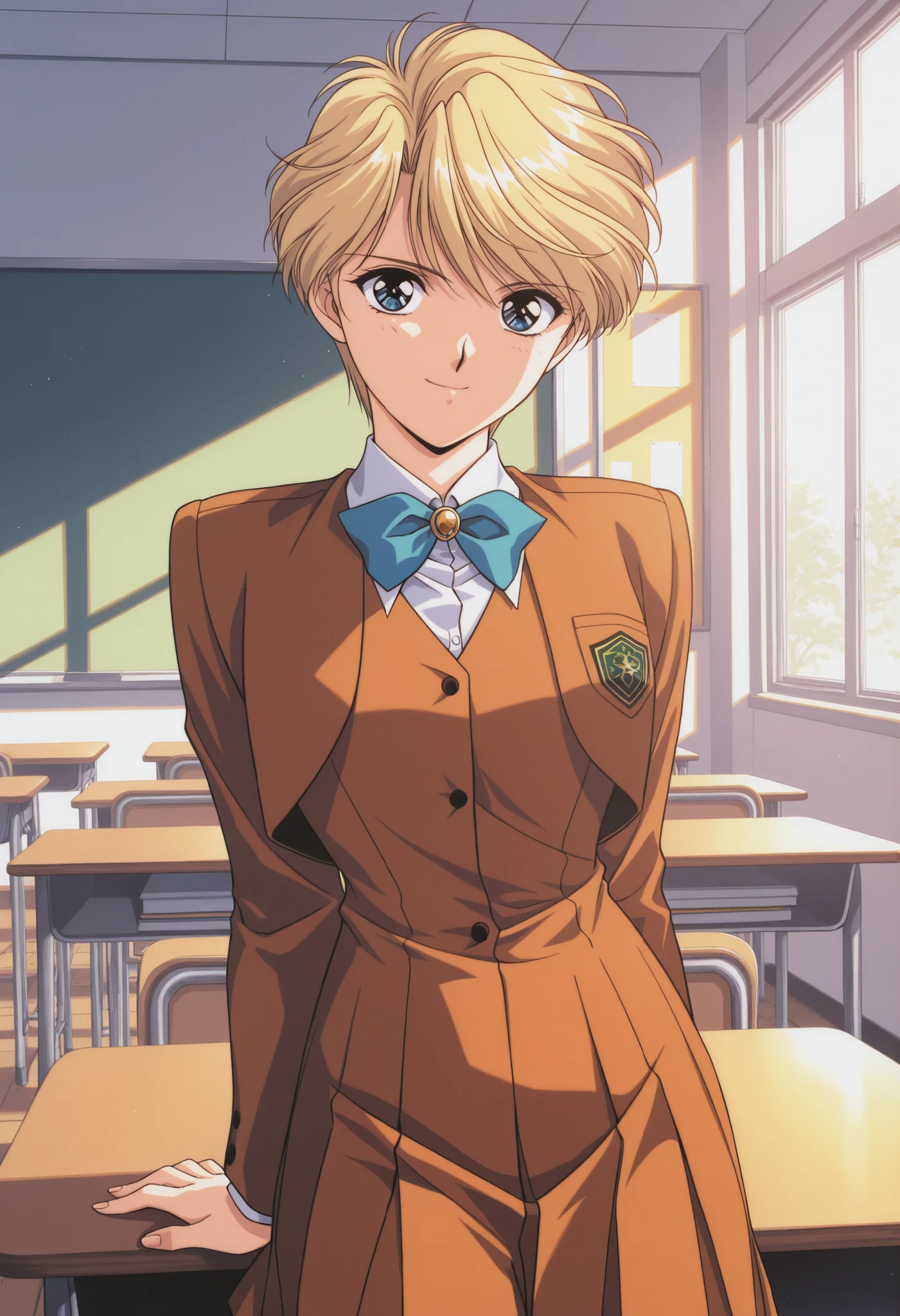 score_9, score_8_up , score_7_up , score_6_up , score_5_up , score_4_up ,Clip skip:2,,(1990s_\(style\):0.8),(retro_artstyle:0.8),(masterpiece:1.3),solo, (extremely detailed CG unity 8k wallpaper),top quality , amazing quality, high resolution, Absurd, very aesthetic, high resolution, (ultra detail), perfect detail,(extremely detailed CG,highres icon,absurdres,4K),cowboy shot, best quality, source_anime,official art,perfect_anatomy,,yui hongo,1girl,blue eyes,blonde hair,short hair,very short hair,school uniform,ribbon,,looking_at_viewer,smile,upper body,day,classroom,sitting,