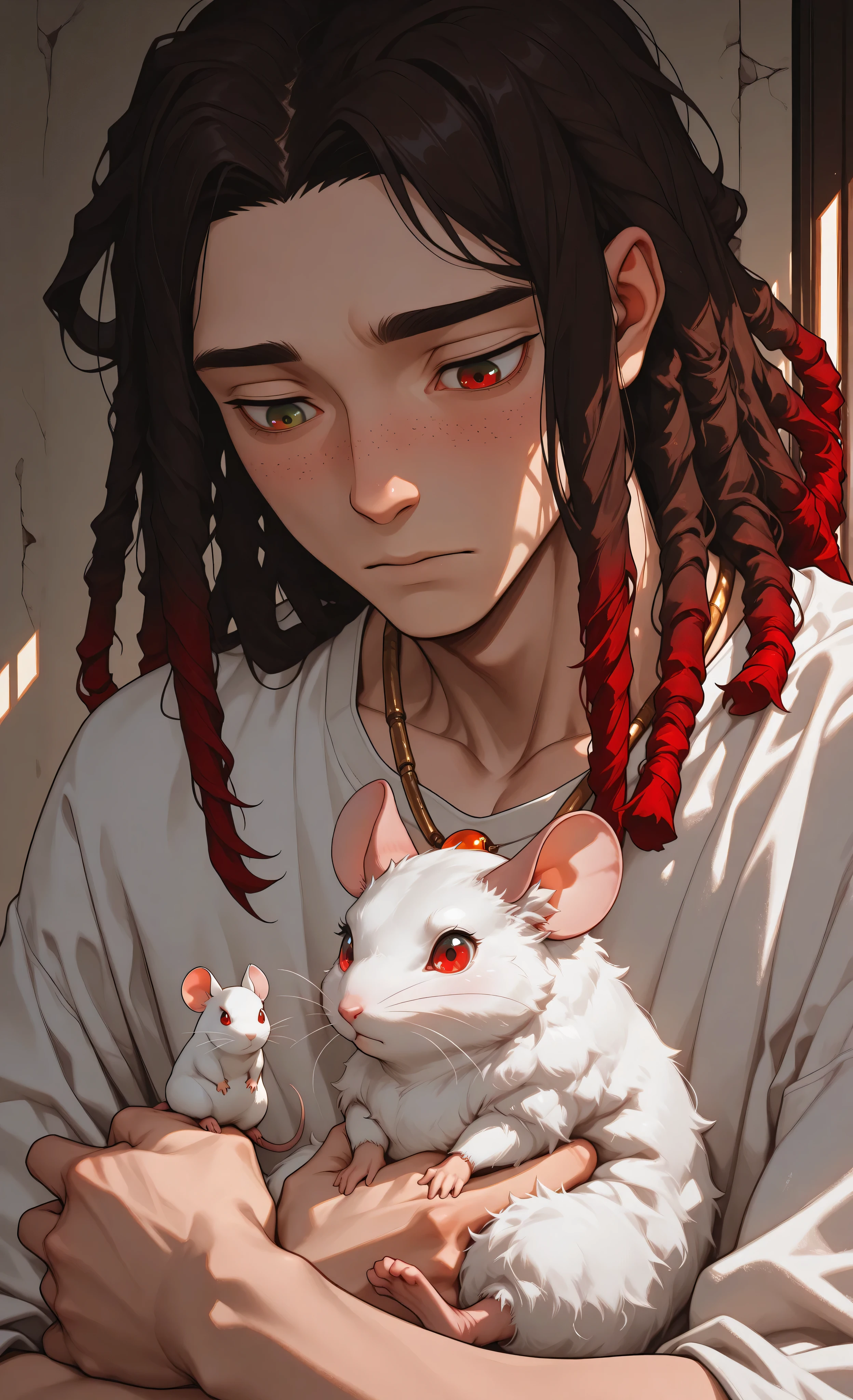 (moody lighting, dramatic shadows, bloom lighting, colored shadows, Ink Style, best quality, soft lines, clear details, masterpiece:1.3, 8k:1.3, Highest quality:1.3, detail:1.3, high resolution:1.3, digital painting, super detail, 1male),
(digital painting, cinematic, atmospheric),
A young man, late teens, light skin, long dark brown dreadlocks with gold accents, (green eyes:1.3),
angular face, subtle freckles, neutral expression, gazing down gently,
wearing: simple white t-shirt, delicate necklace with small orange pendant charms,
(right hand gently cradling a fluffy white mouse with red eyes:1.5), observing it tenderly,
dark atmospheric setting, low-light environment, soft shading,
dramatic lighting highlighting face and mouse, soft textures,
intimate mood, gentle atmosphere, close-up shot, centered composition,
stylized illustration, emotional connection