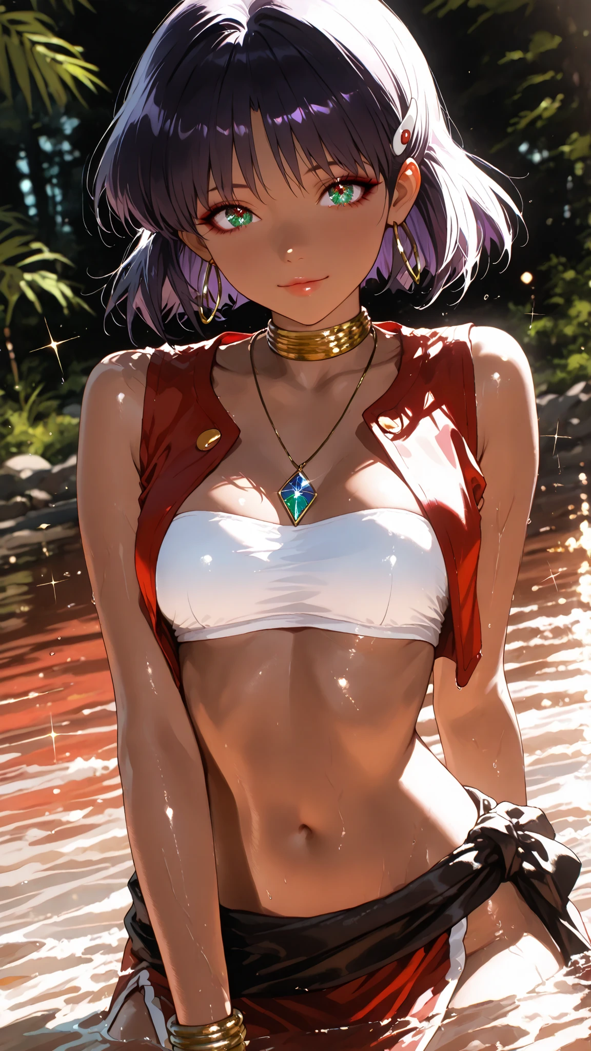  1 beautiful girl,Beautiful colored light, Sparkle in the eyes, glossy lips, slender body, Sensual Body, Beautiful skin that repels water,Tranquil standing in natural light,Sandy coast, High Quality, Realistic Portraits,realistic texture,Precise Depiction,Deep Focus,Vivid Colors,grace,Elegant Atmosphere, nadia la arwall,purple hair,dark-skinned female,red loincloth,jewelry,bandeau,hairclip,red vest,necklace,