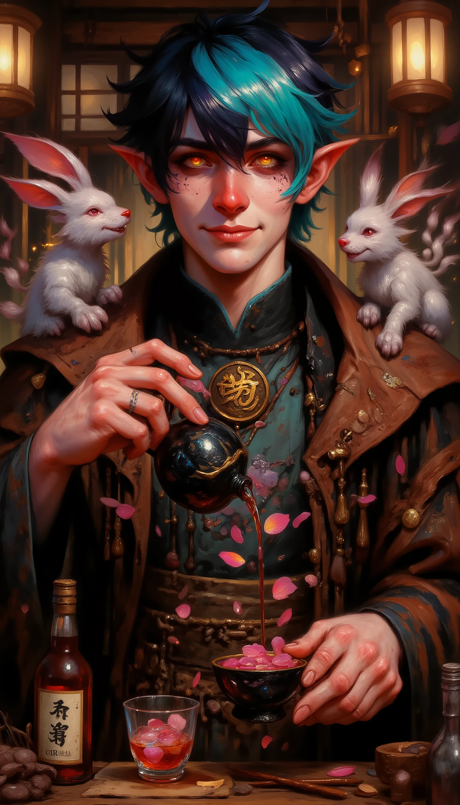 An epic, highly detailed character portrait of the main protagonist, an elf bartender in a hidden Izakaya. He has an asymmetric hairstyle (black and neon teal) and heterochromatic eyes (amber and moonstone). He wears a worn Japanese haori with a softly pulsing magical emblem. He is pouring magically-brewed, iridescent sake from an obsidian jug into a floating sakura petal cup. Nearly invisible threads of magic extend from his fingertips, causing a patron's chopsticks to turn into dueling fireflies. A wise, mischievous kitsune spirit perches on his shoulder, its multiple tails leaving spark trails. The background is a cozy, blurred izakaya with lantern light and laughing shadows. Cinematic lighting, style of epic video game concept art, focusing on his knowing, playful smirk. --ar 4:5 --v 6.0 --style raw