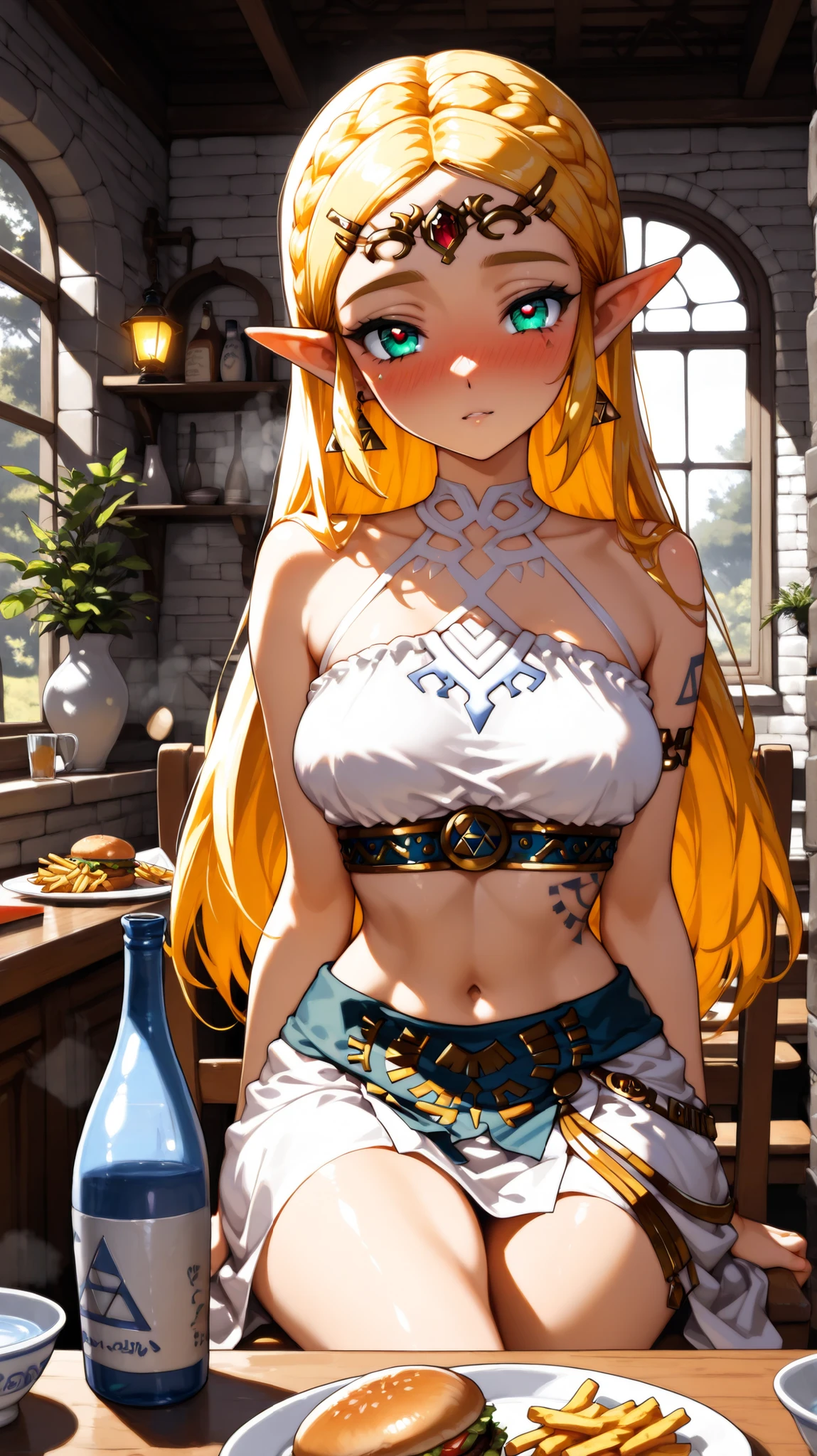 Princess Zelda \(the legend of zelda\) a young woman sitting at a table with a plate of french fries and a burger in front of her. A wooden counter in a forest at night, with glowing blue sake bottles and soft lamplight. the woman, who appears to be in her early twenties, a light-skinned slender body, elf-like ears, aqua eyes, and blonde hair and is wearing a white crop top and ruffled leaf skirts, with golden jewelry and a tiara. she is holding a fork in her right hand and has a triforce tattoo on her left arm. her facial expression is mischievous drunk expression, relax pose, in the background, there is a tropical beach with turquoise water and greenery visible through a large window. the image also shows a wooden table, a white brick wall, and a wooden chair. 1girl, solo, unrivaled beauty, whole body, slim hips, slim figure, very drunk, slim waist, vivid eyes, good-looking, steaming body, young seductress, straight hair, implied, triforce earrings, clothing texture, detailed eyes, beautiful face, beautiful girl, beautiful body, beautiful hair, Masterpiece, very aesthetic, perfect composition, ((detailed eyes)), (highly detailed), ((Best quality :1.2)),((Detailed :1.5)),((Detailed background :1.5)). (HD eyes:1.4), ((4k,8k,Ultra HD)), {perfect body},(highly detailed), (oldschool style), retro artstyle, 2000s (style),